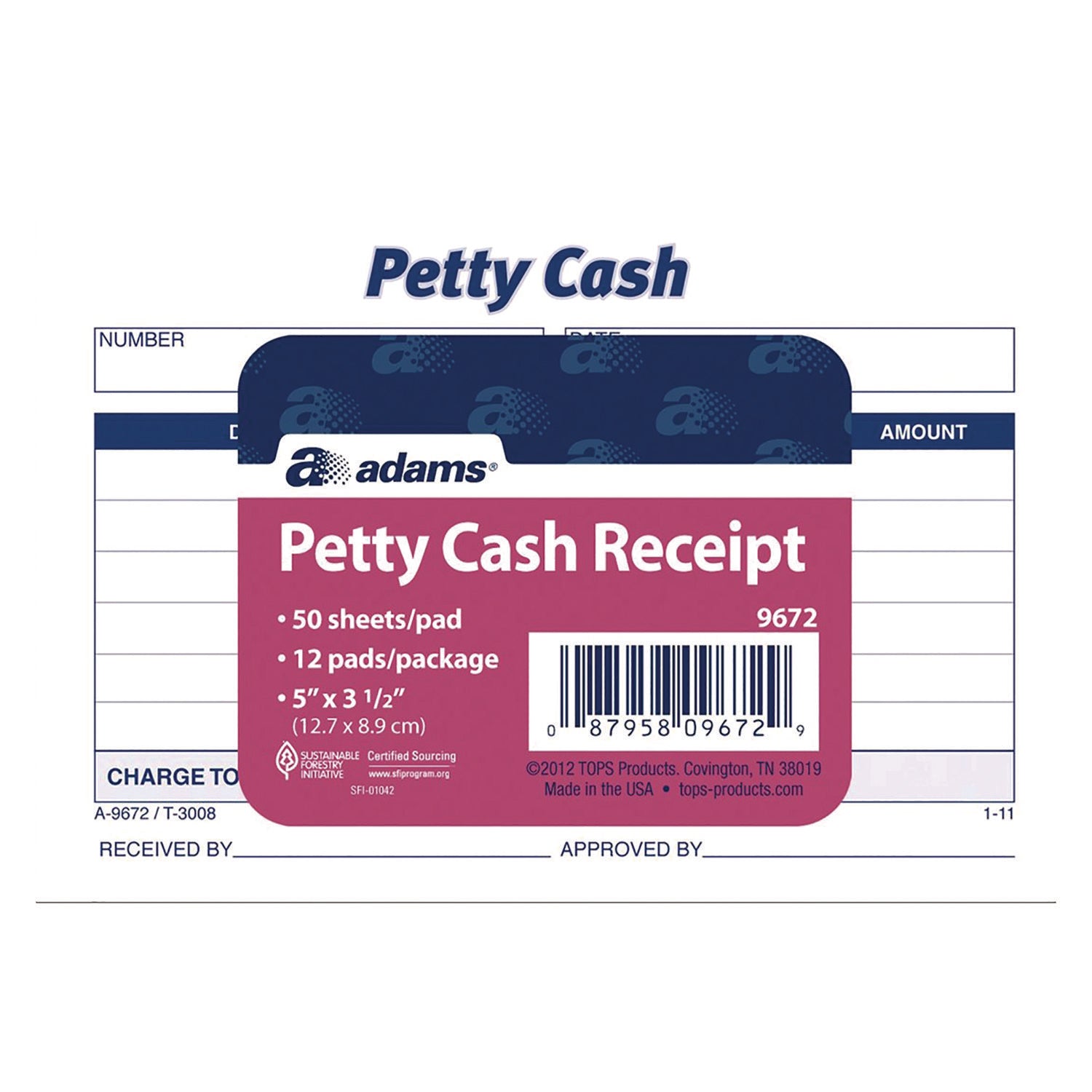 Adams® Petty Cash Receipts, One-Part (No Copies), 5 x 3.5, 50 Receipts/Pad, 12 Pads/Pack