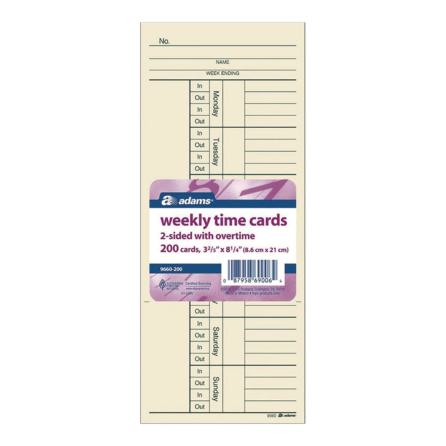 Adams® Time Cards for Acroprint, Amano and Lathem Time Clocks, Two Sides, 3.4" x 8.25", 200/Pack