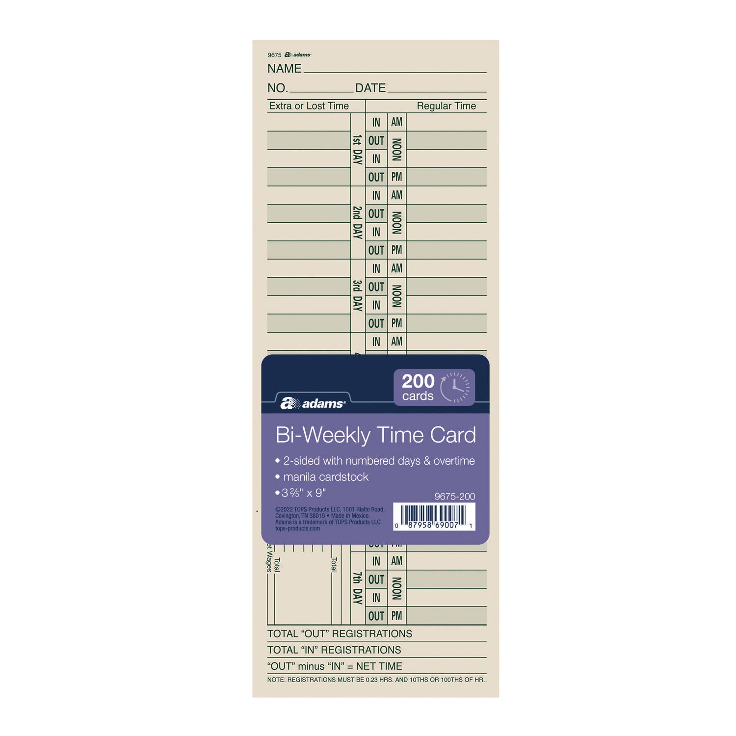 Adams® Time Cards for Acroprint, Amano and Lathem Time Clocks, Two Sides, Bi-Weekly, 3.38" x 9", 200/Pack