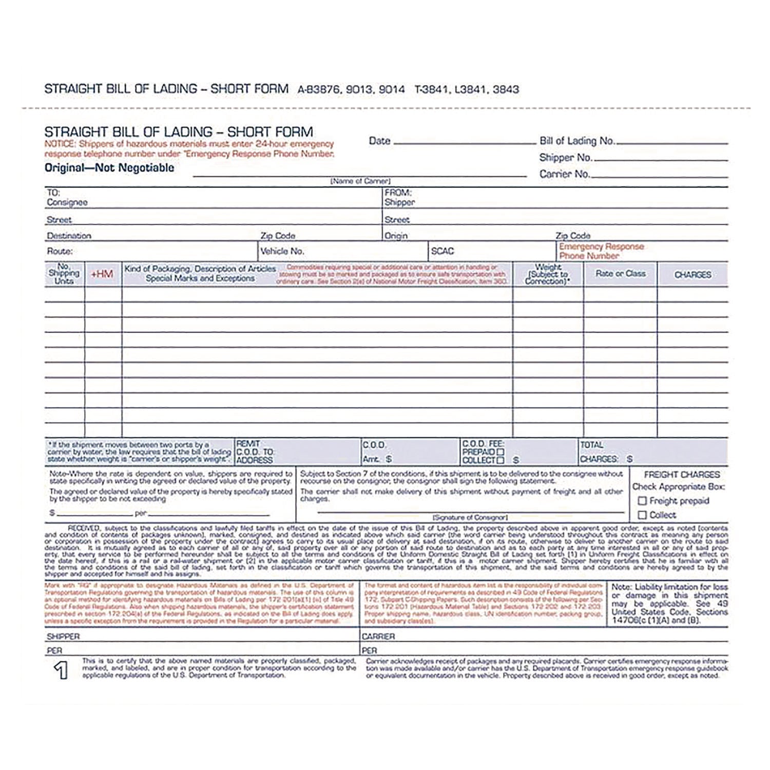 Adams® Bill of Lading - Short Form for Up to Ten Articles, Three-Part Carbonless, 8.5 x 6.94, 250 Forms Total