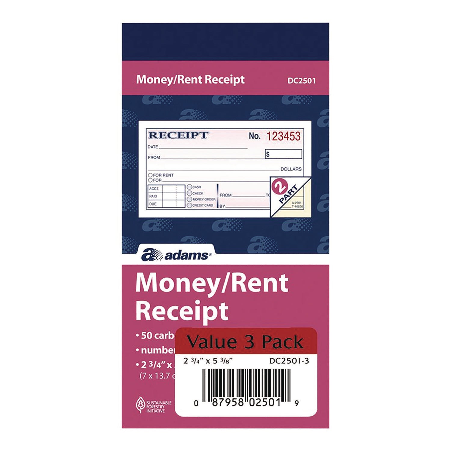 Adams® Money/Rent Receipt Book, Two-Part Carbonless, 4.88 x 2.75, 50 Receipts/Book, 3 Books/Pack