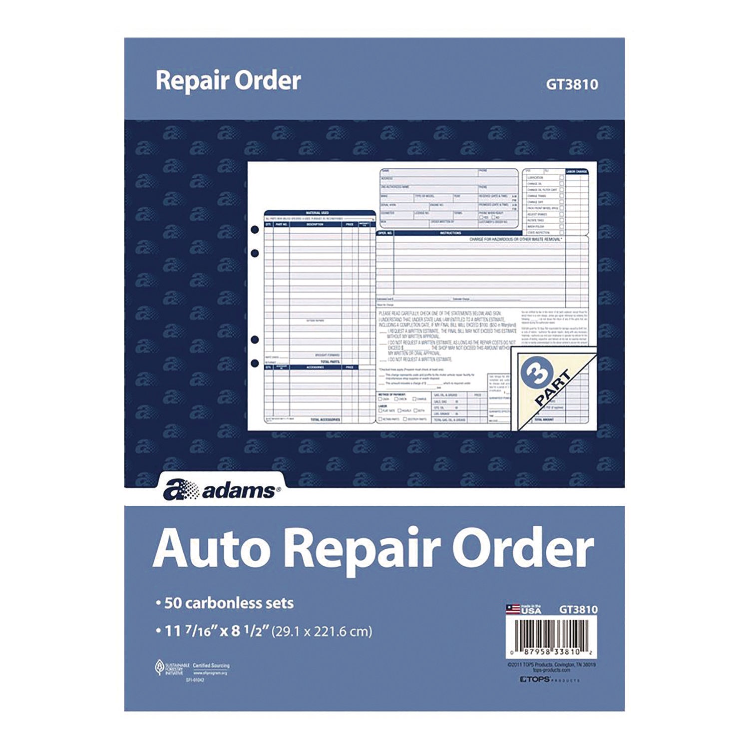 Adams® Multipart Auto Repair Work Order Forms with Checklist for Routine Jobs, Three-Part Carbonless, 10.94 x 8.5, 50 Forms Total