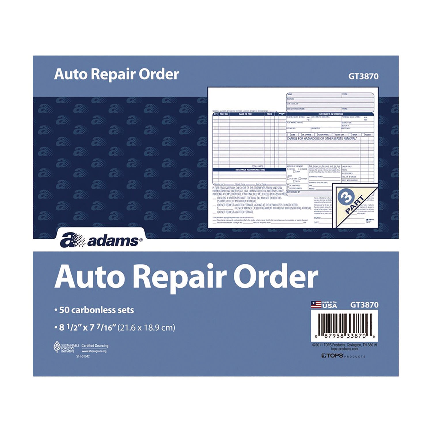 Adams® Multipart Auto Repair Work Order Forms, Three-Part Carbonless, 8.5 x 6.94, 50 Forms Total