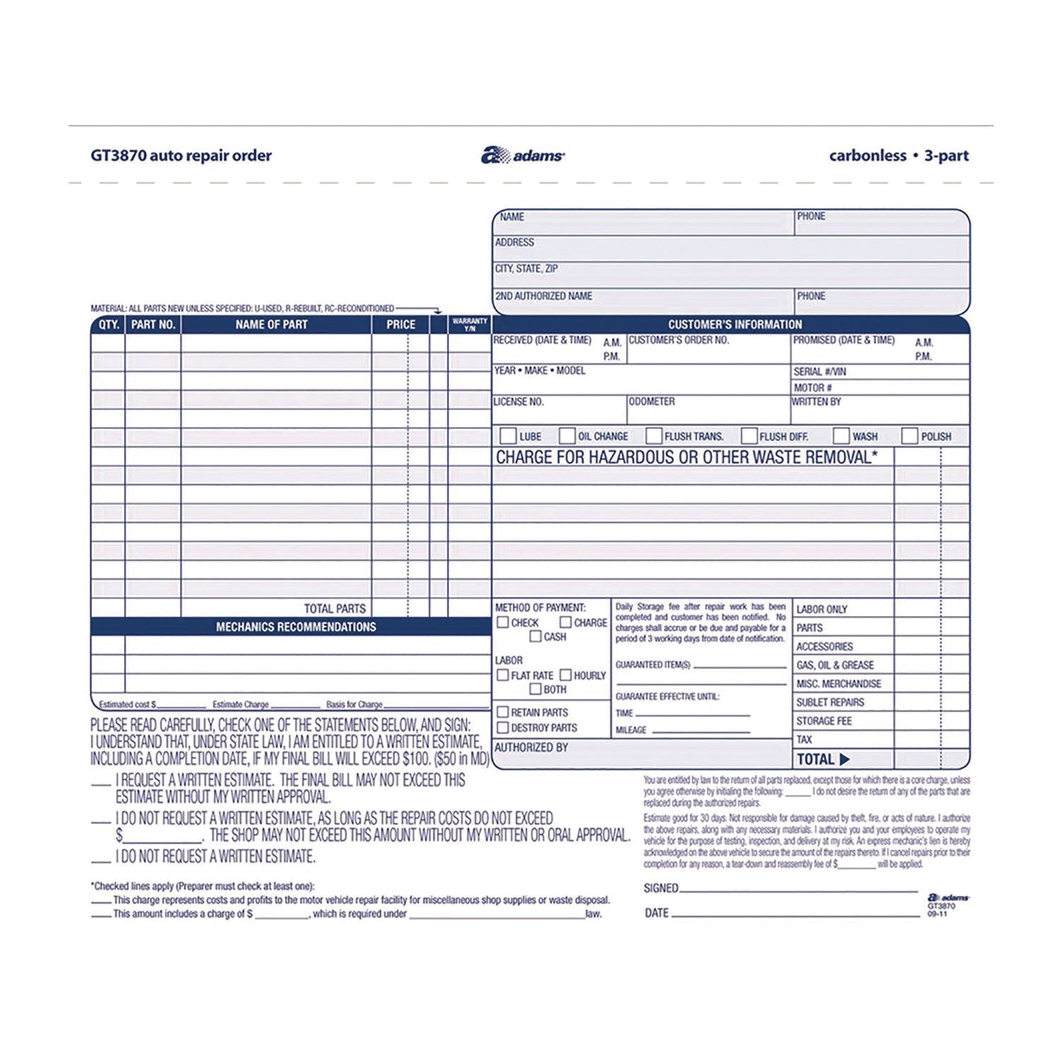 Adams® Multipart Auto Repair Work Order Forms, Three-Part Carbonless, 8.5 x 6.94, 50 Forms Total