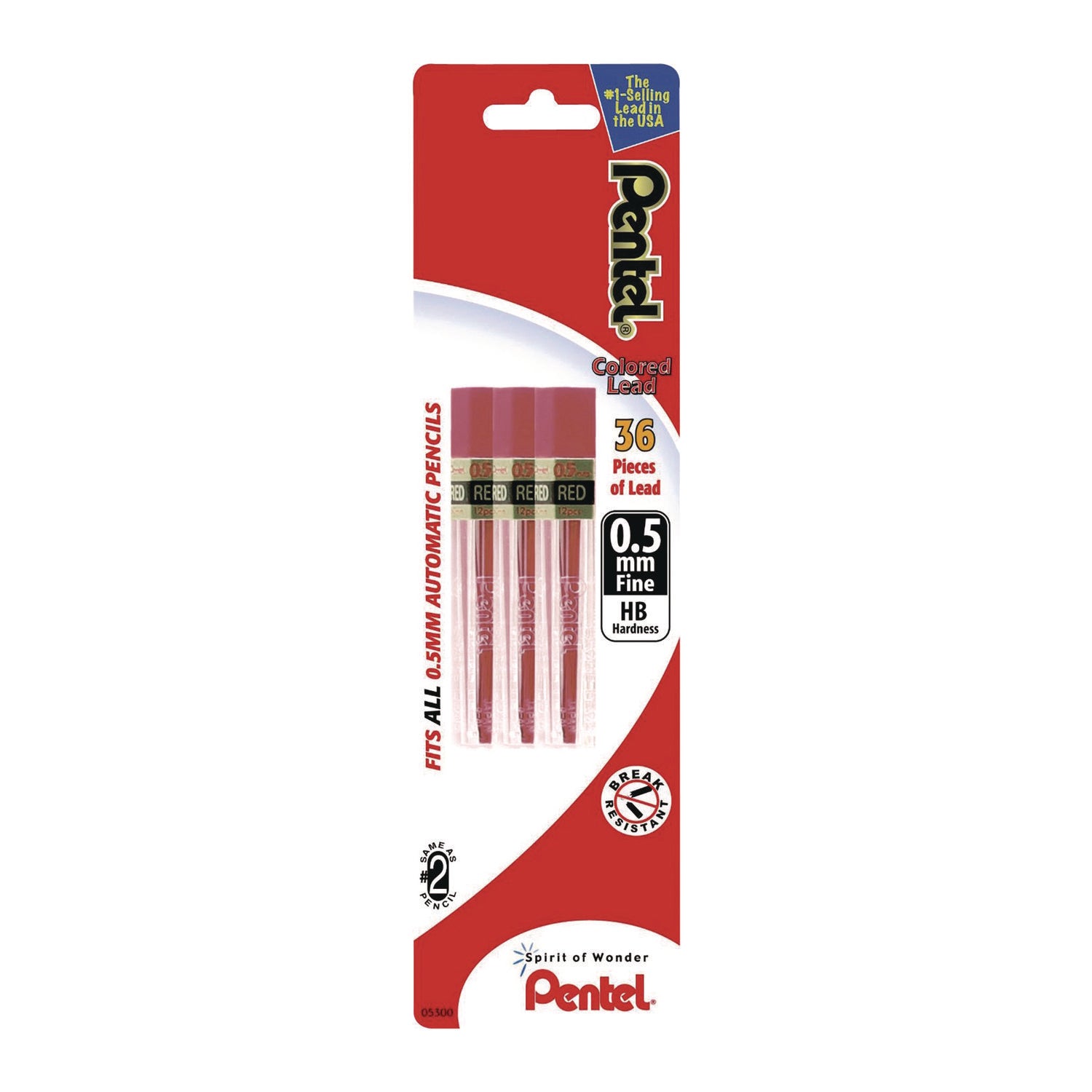 Pentel® Colored Lead Refill, 0.5 mm, HB, Red, 12 Leads/Tube, 3 Tubes