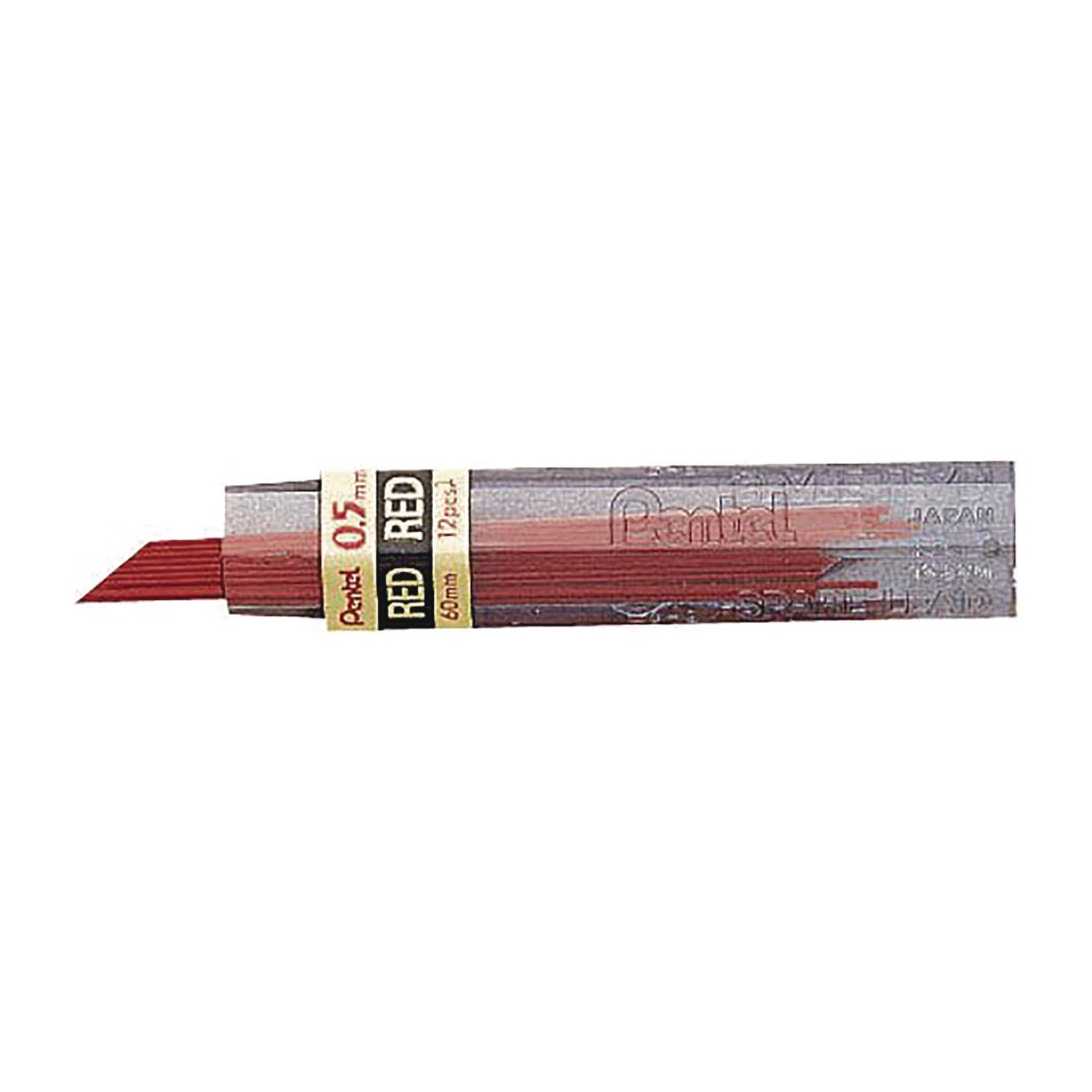 Pentel® Colored Lead Refill, 0.5 mm, HB, Red, 12 Leads/Tube, 3 Tubes