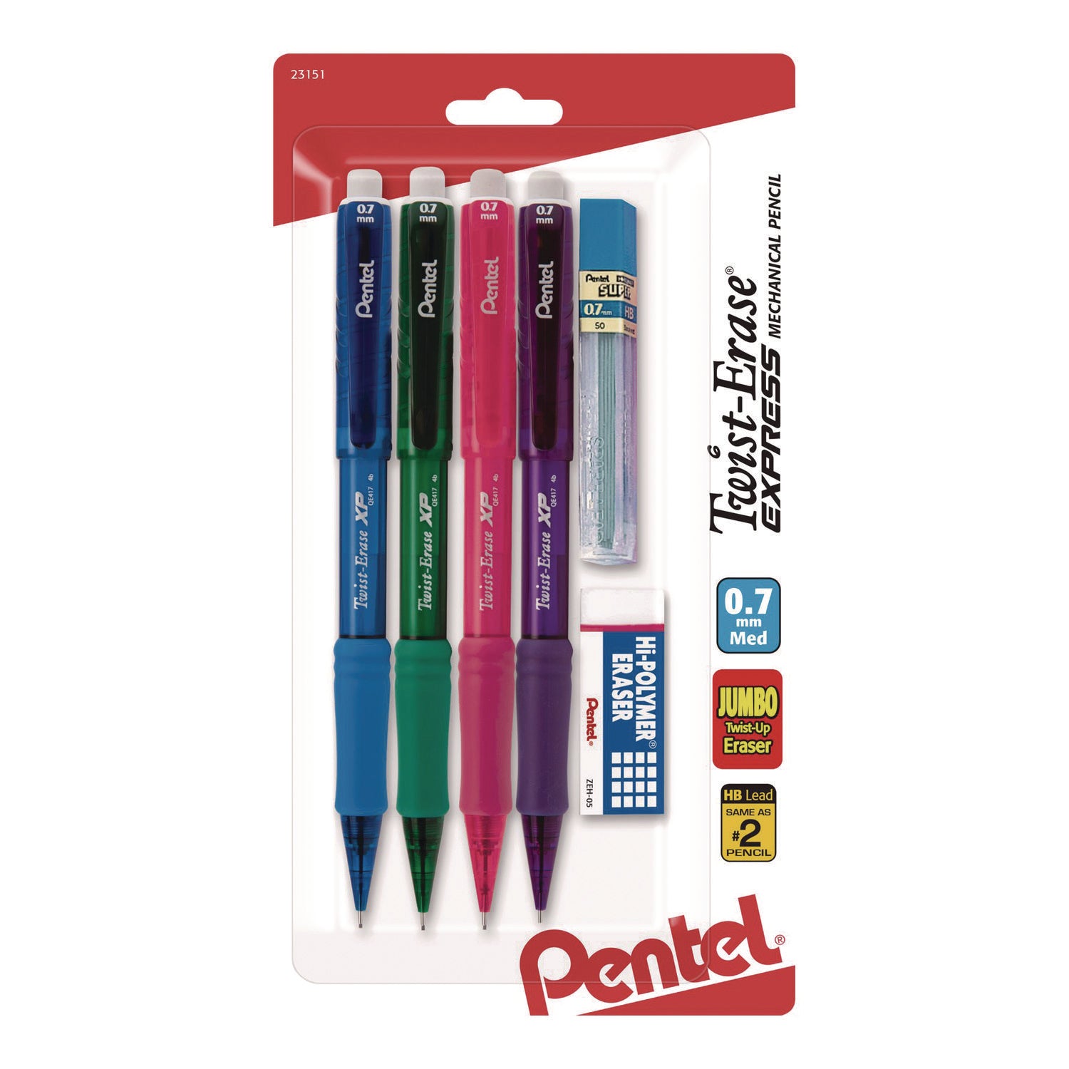 Pentel® Twist Erase EXPRESS Mechanical Pencil, 0.7 mm, HB (#2), Black Lead, Assorted Color Barrels, 4/Pack