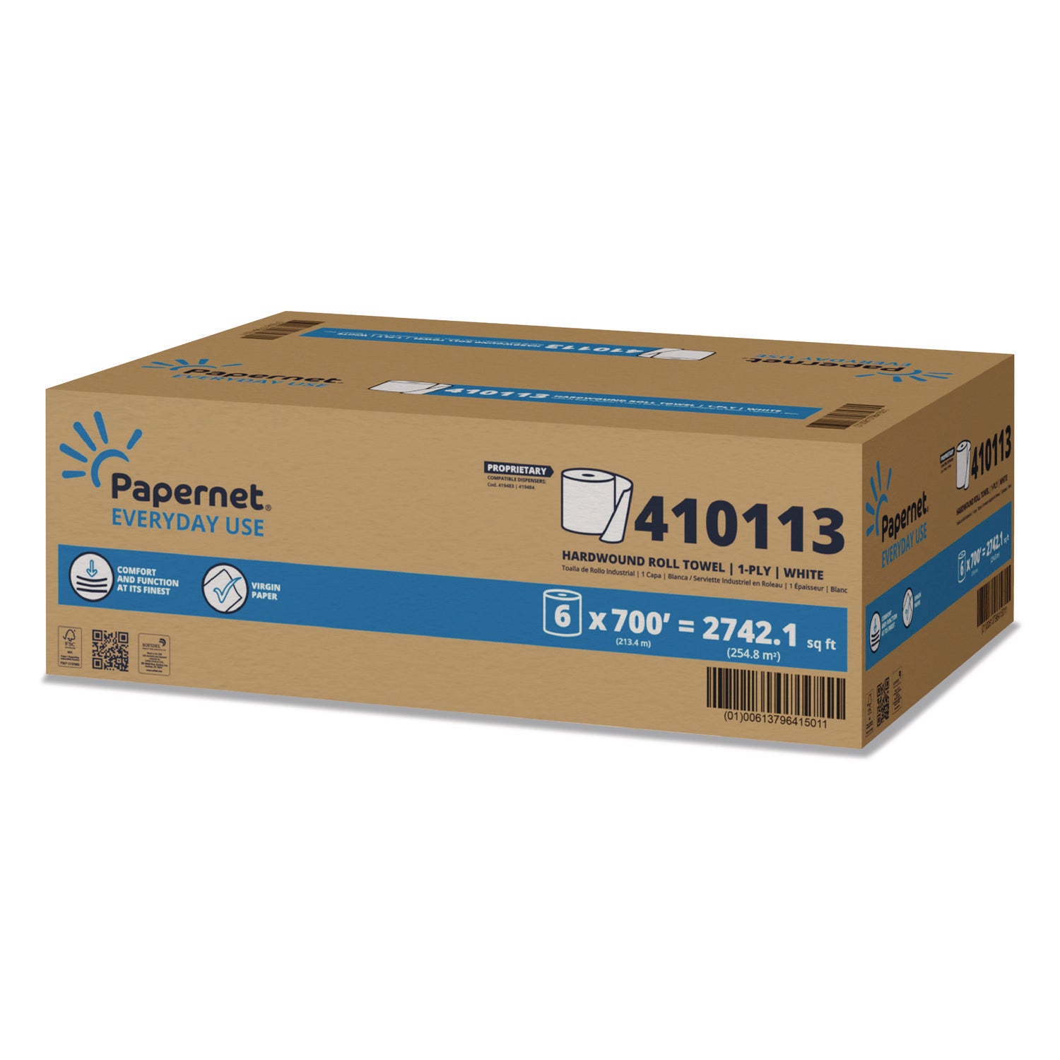 Papernet® HyTech Seas Hardwound Roll Towels, 1-Ply, 7.9" x 700 ft, White, 6/Carton