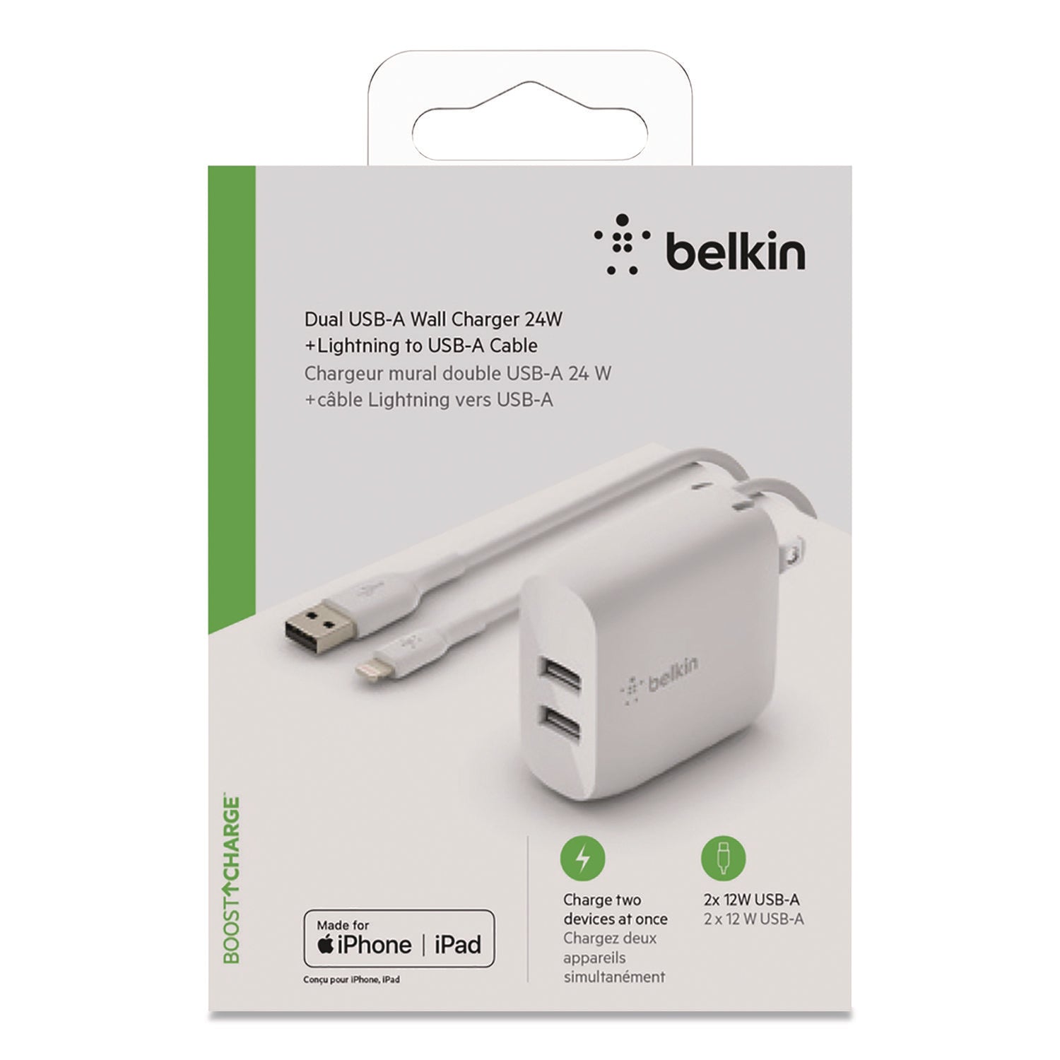 Belkin® BOOST CHARGE Dual USB-A Wall Charger + Lightning to USB-A Cable, White