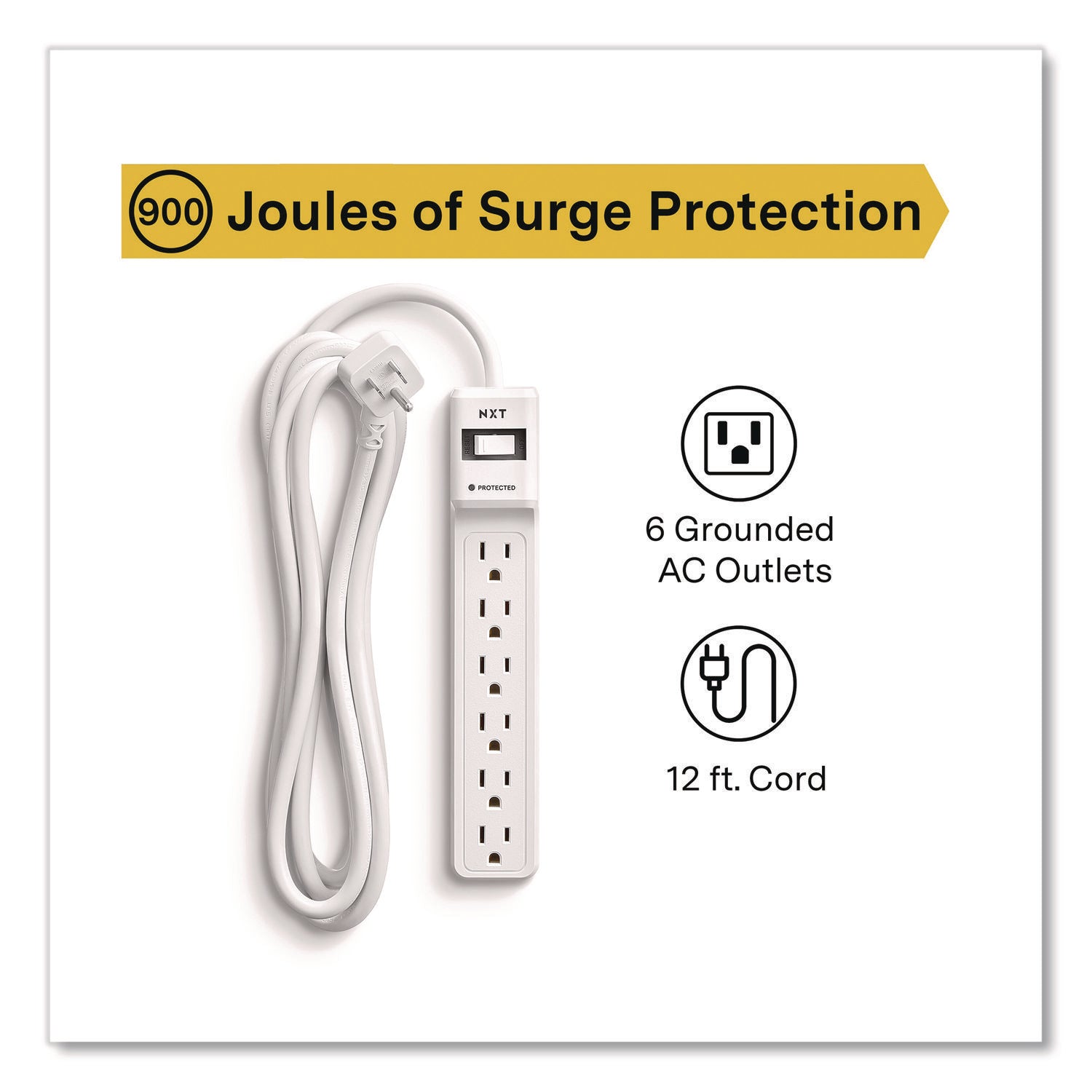 NXT Technologies™ 6-Outlet Surge Protector, 6 AC Outlets, 12 ft Cord, 900 J, White