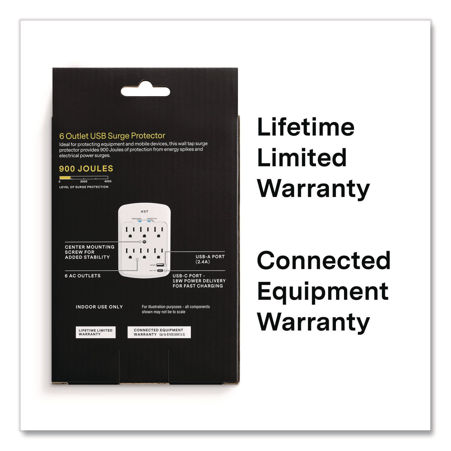 NXT Technologies™ 6-Outlet Plus USB Outlet Surge Protector, 6 AC Outlets/2 USB Outlets, 900 J, White