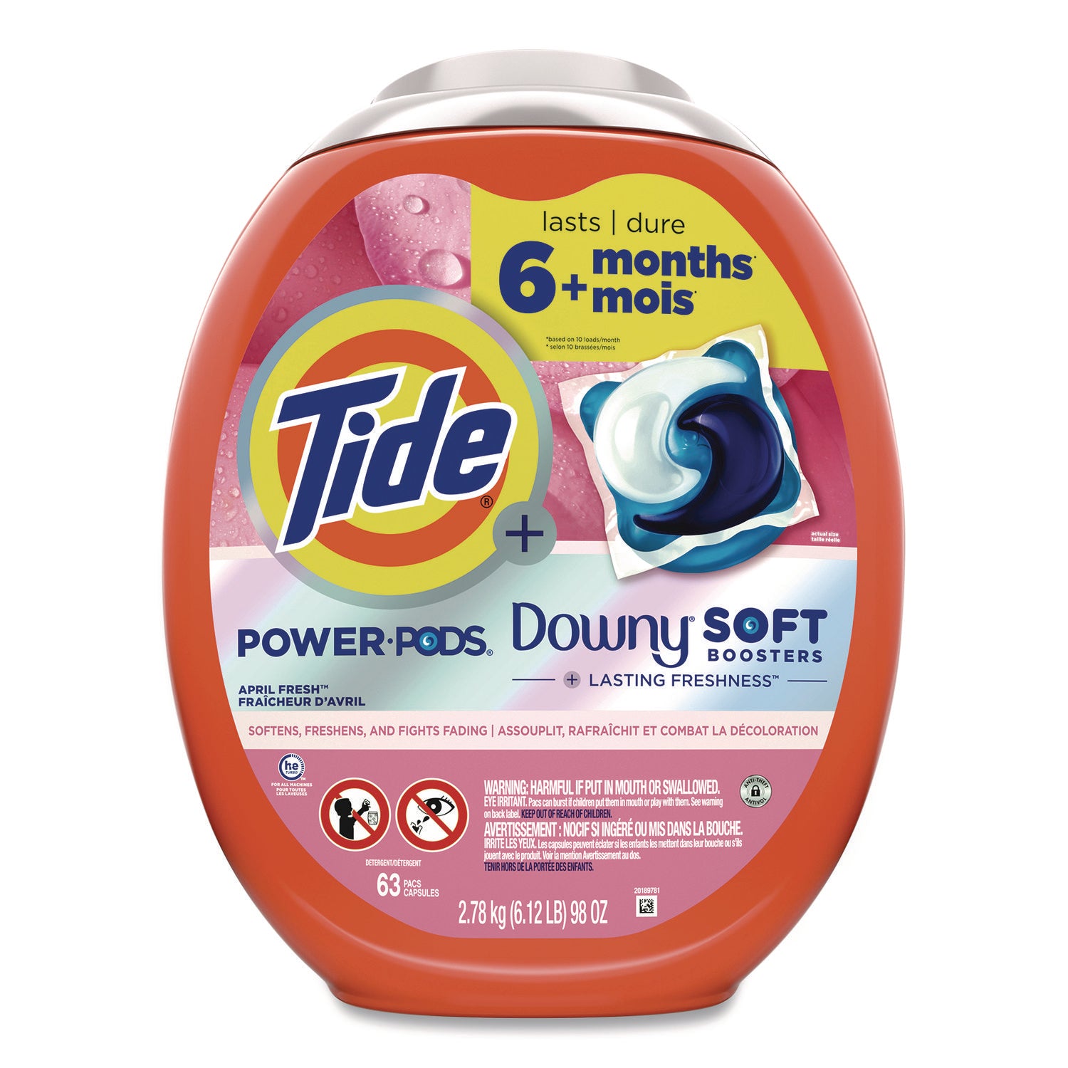 Tide® Power PODS Plus Downy Laundry Detergent, April Fresh Scent, 98 oz Tub, 63 Pods/Tub