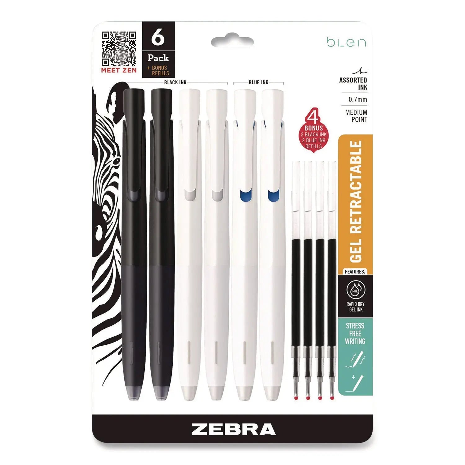 Zebra® bLen Gel Pen, Medium 0.7 mm, Black; Blue Ink, White; Black Barrel, 6/Pack Zebra® Flipcost