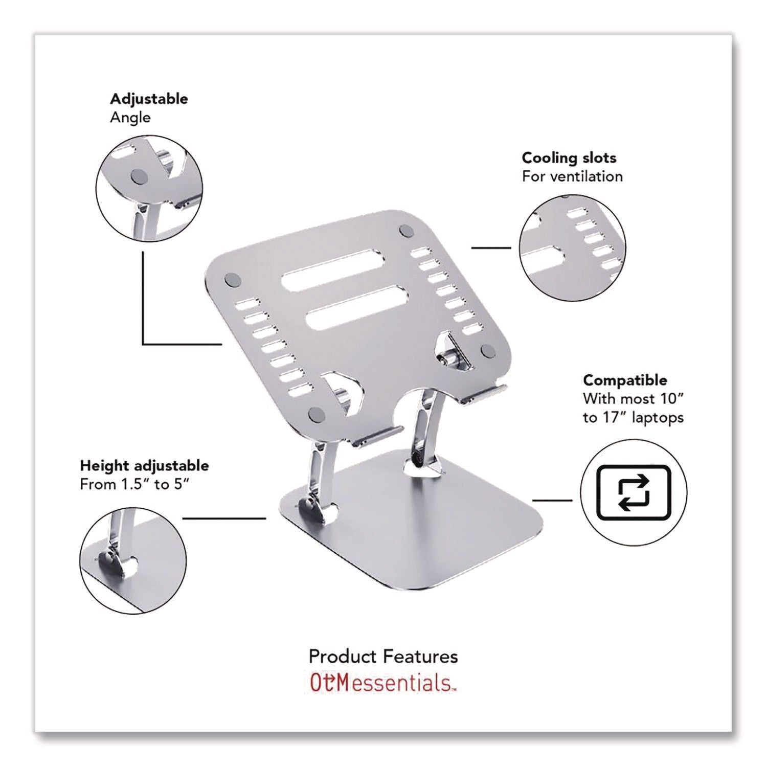 OTM Essentials™ Adjustable Laptop Riser Stand, 10.62" x 9" x 1.5" to 5", Silver