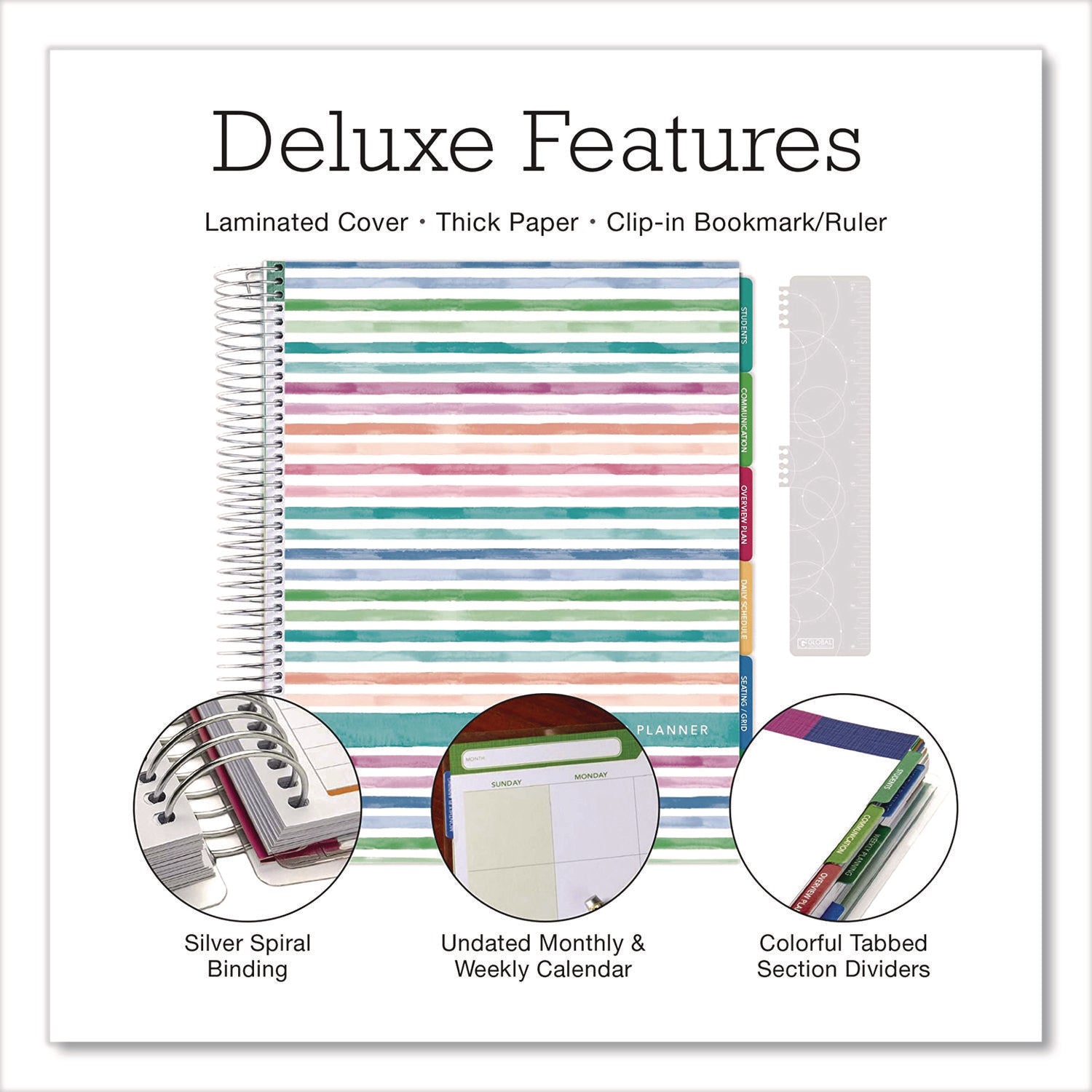 Global Printed Products Deluxe Teacher's Academic Planner, Weekly/Monthly, Seven Class Period per Two-Page Spread, 11 x 8.5, Multicolor Rainbow Cover