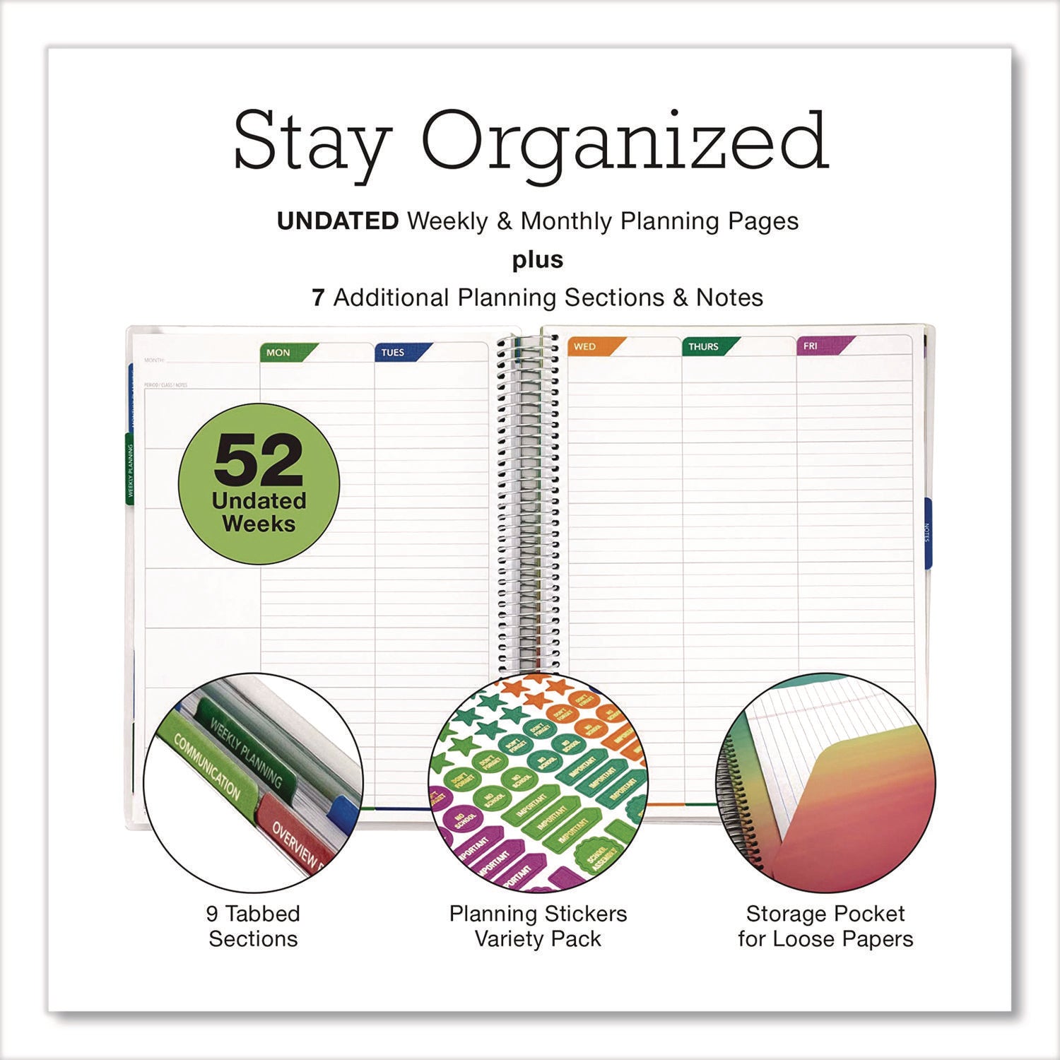 Global Printed Products Deluxe Teacher's Academic Planner, Weekly/Monthly, Seven Class Period per Two-Page Spread, 11 x 8.5, Multicolor Rainbow Cover