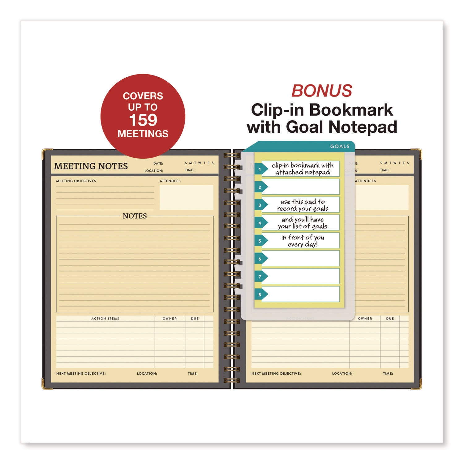 Global Printed Products Meeting Notes Book, Space for Up to 159 Meetings, Meeting-Minutes/Notes Format, Black/Gold Cover, (80) 11 x 8.5 Sheets