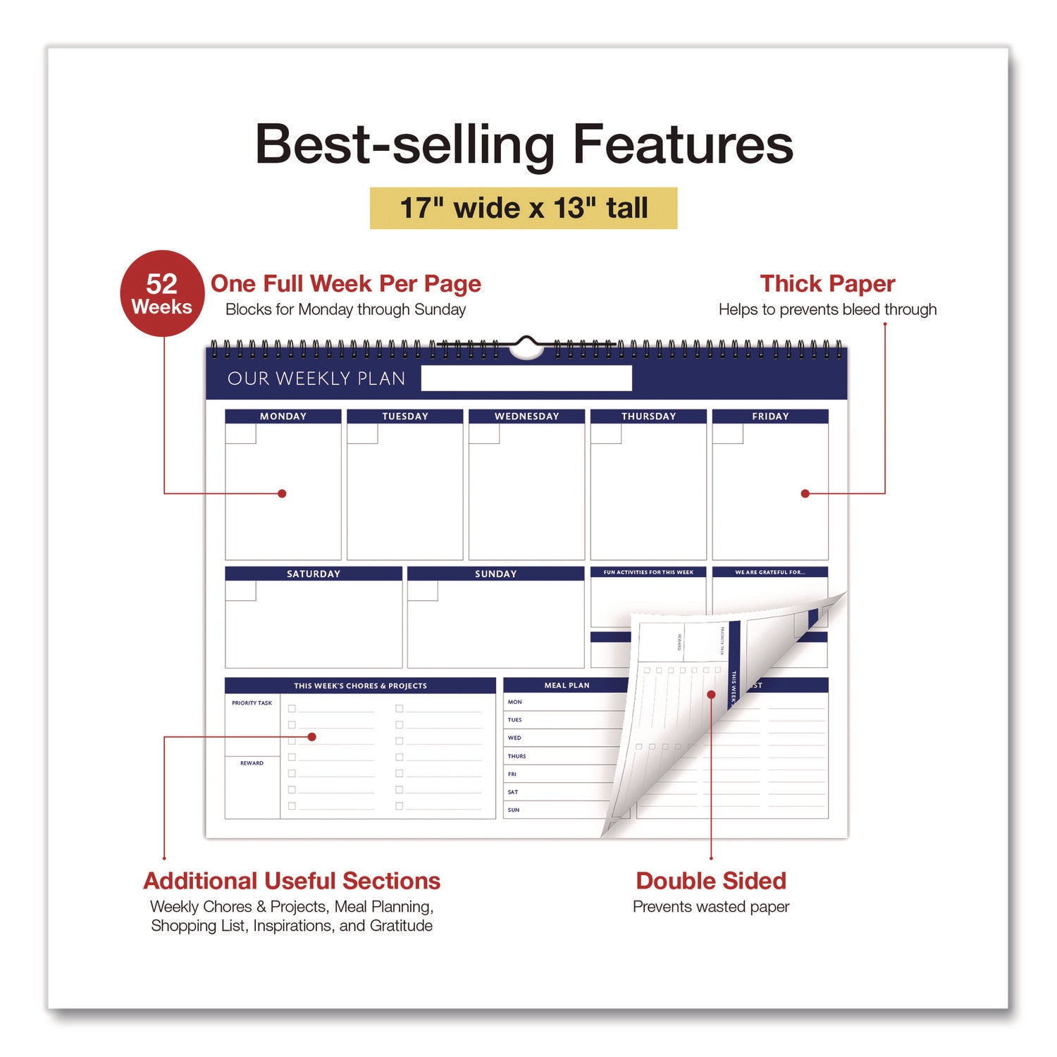 Global Printed Products Weekly Family Planner, 17 x 13, White/Blue Sheets, 52 Weeks: Undated
