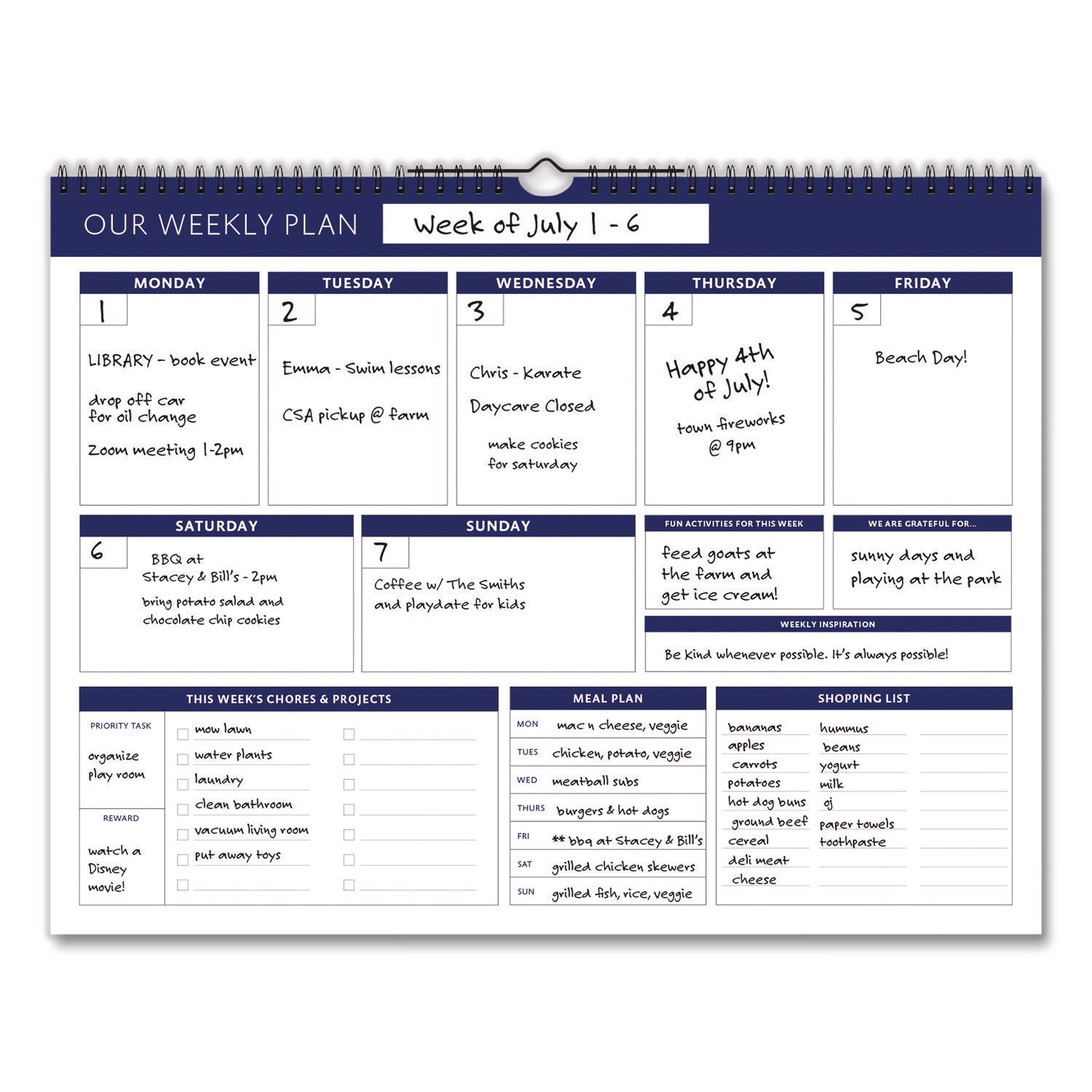 Global Printed Products Weekly Family Planner, 17 x 13, White/Blue Sheets, 52 Weeks: Undated