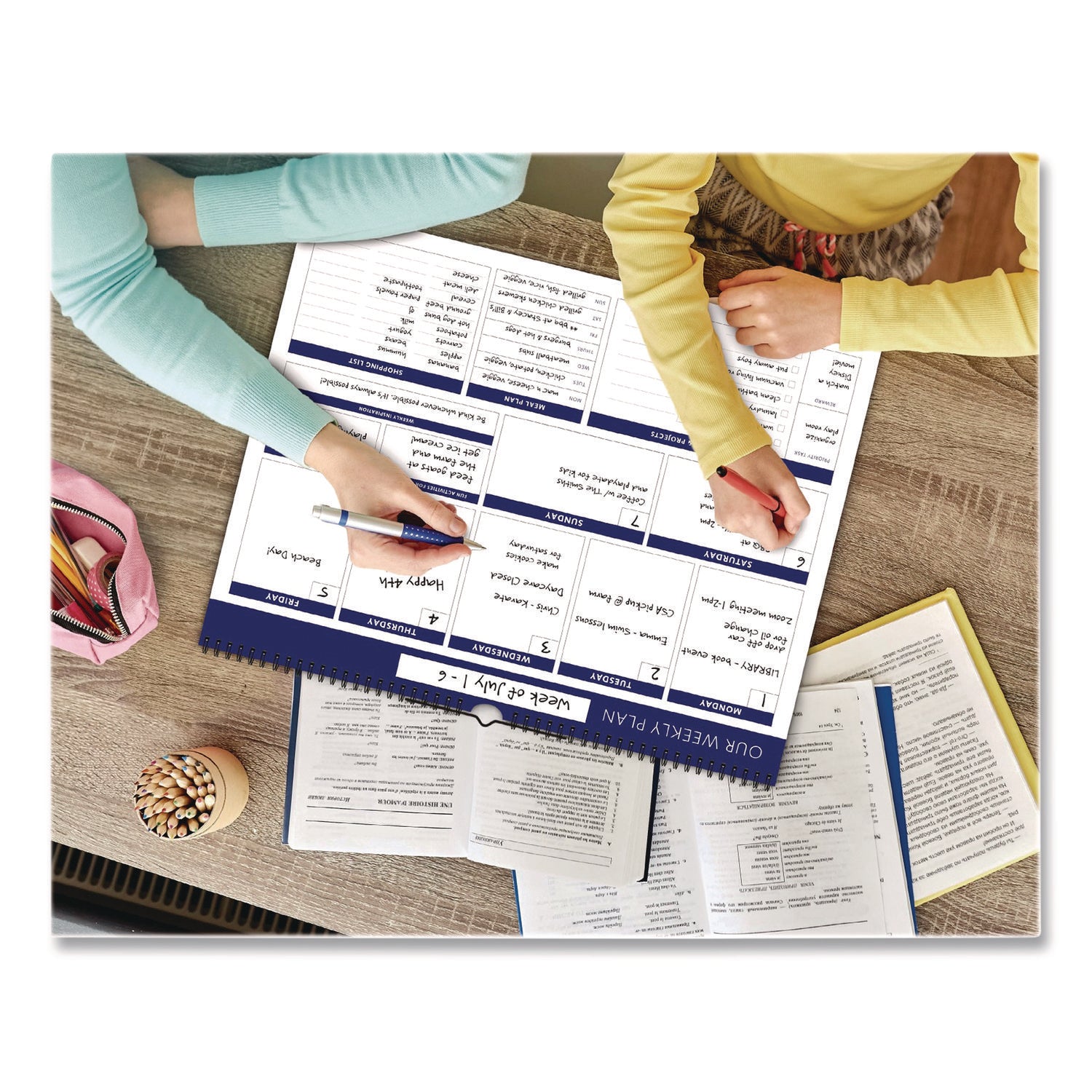 Global Printed Products Weekly Family Planner, 17 x 13, White/Blue Sheets, 52 Weeks: Undated