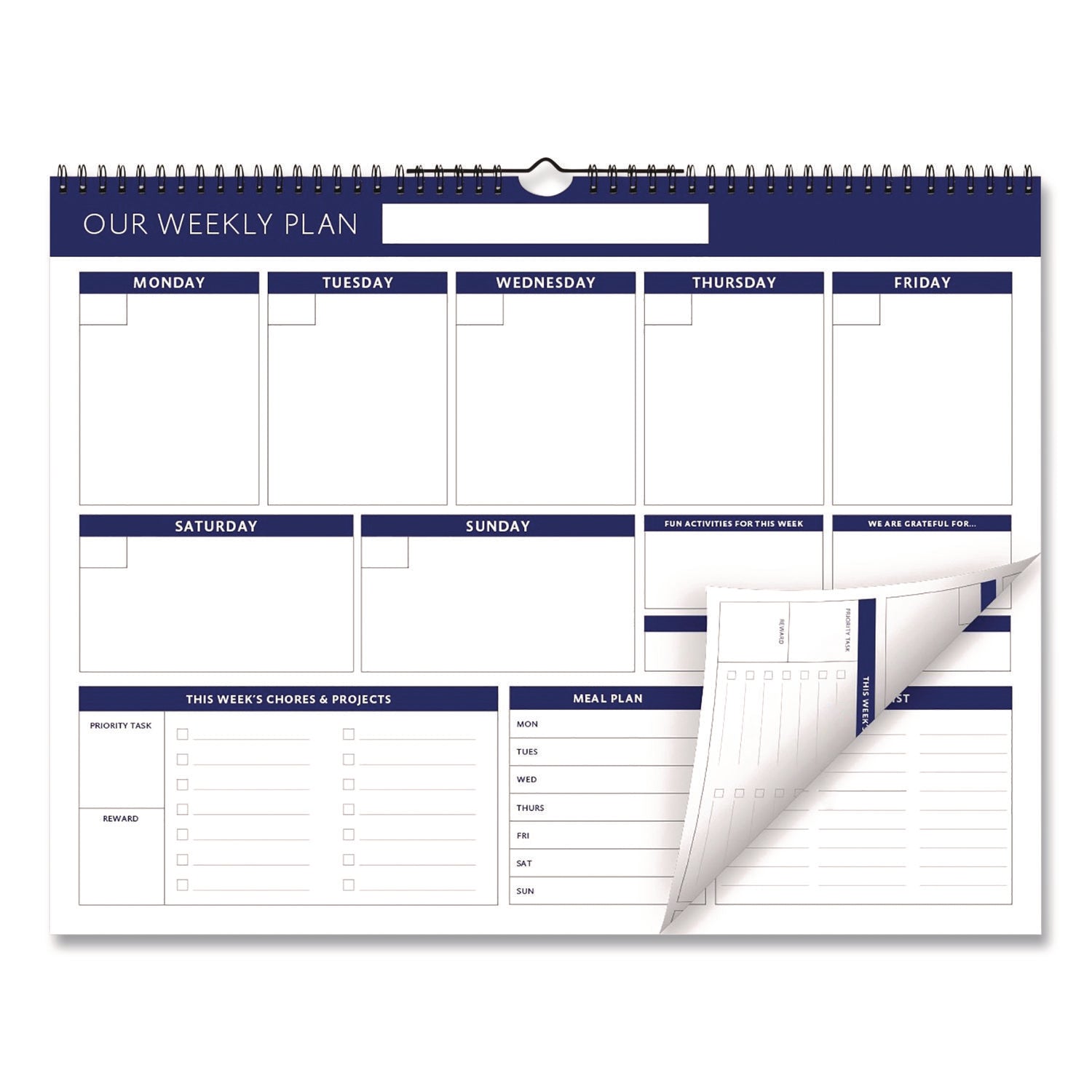 Global Printed Products Weekly Family Planner, 17 x 13, White/Blue Sheets, 52 Weeks: Undated