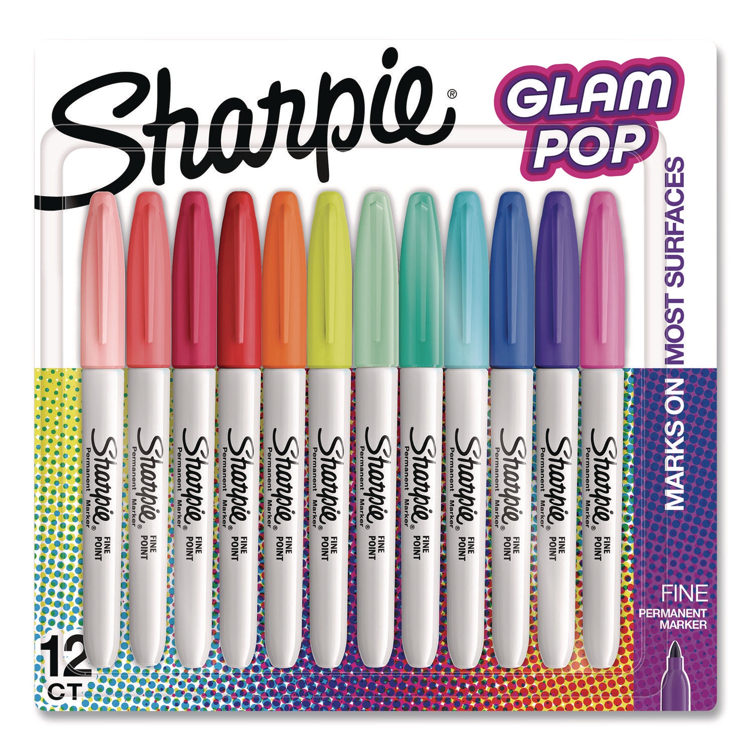Sharpie® Glam Pop Permanent Markers, Fine Bullet Tip, Assorted Colors, 12/Pack