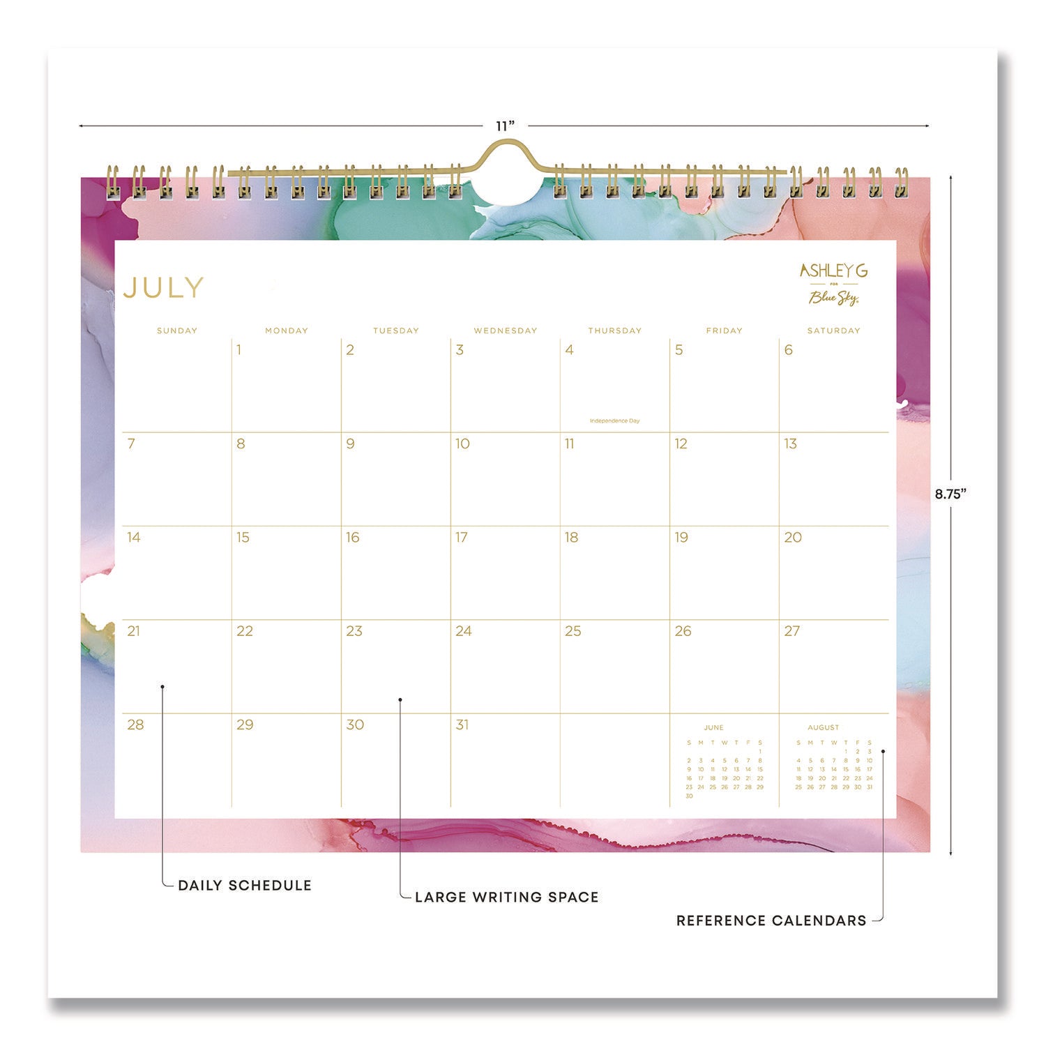 Blue Sky® Ashley G Multicolor Smoke Academic Year Wall Calendar, 11 x 8.75, White/Multicolor Sheets, 12-Month (July to June): 2024-2025
