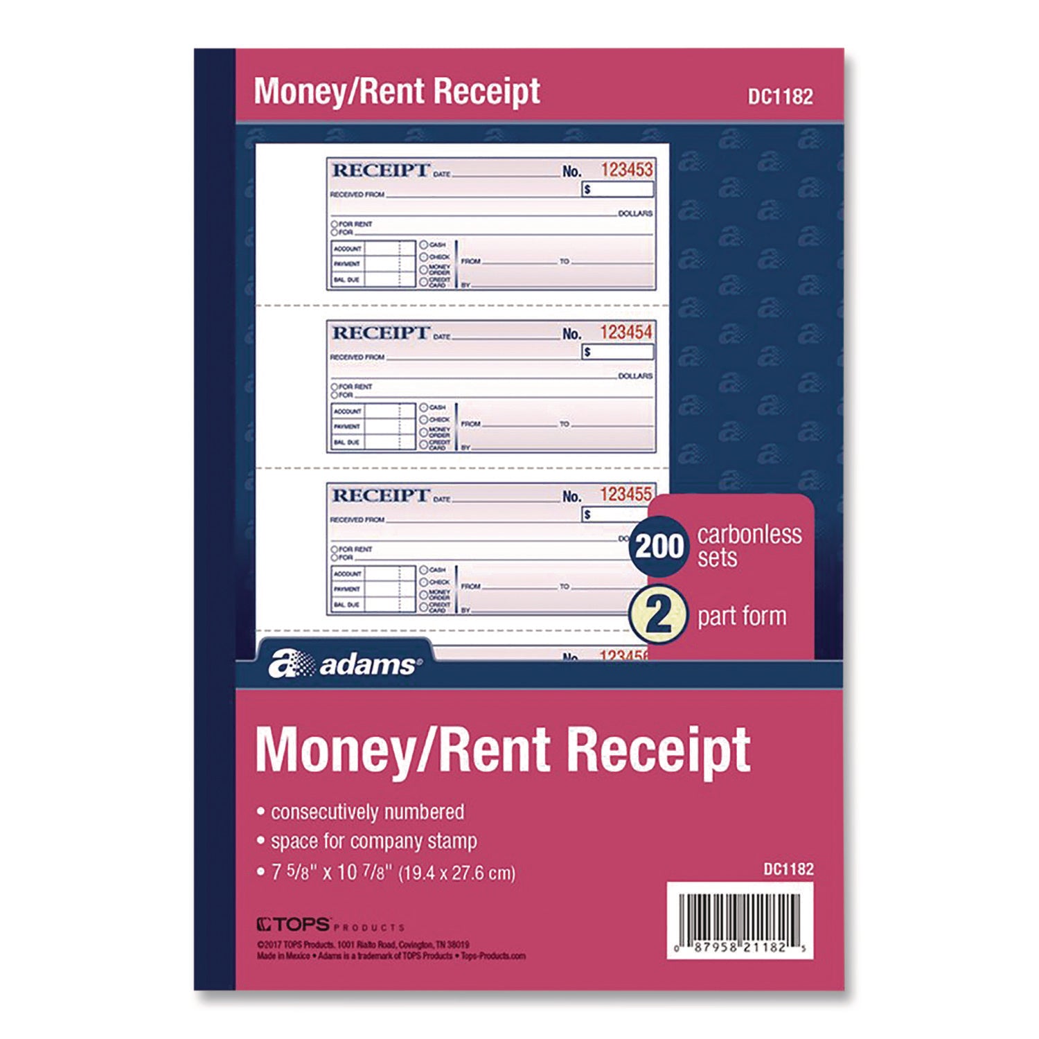 Adams® Money/Rent Receipt Book, Two-Part Carbonless, 7.13 x 2.75, 200 Forms Total