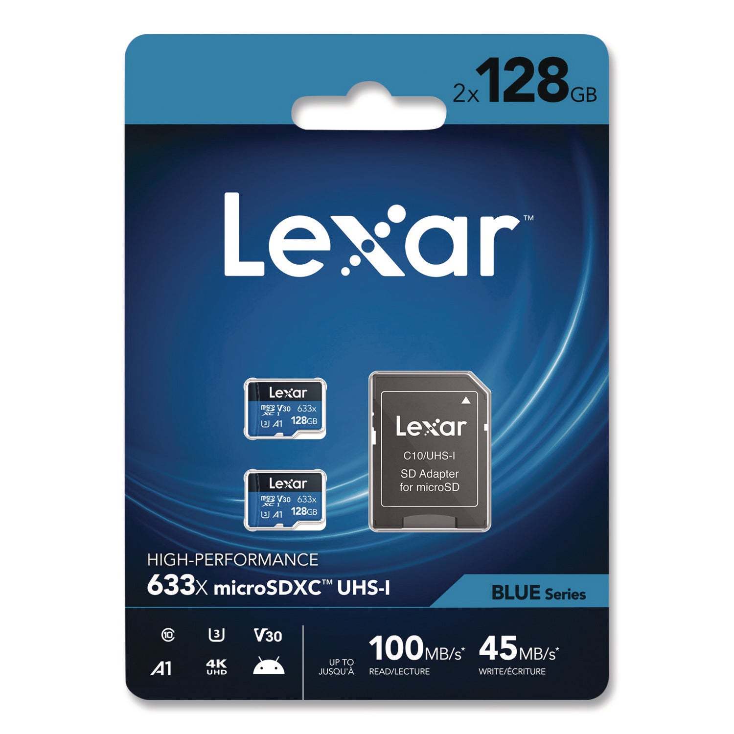 Lexar™ High Performance BLUE Series microSDXC Memory Card with Adapter, UHS-I V30 U1 Class 10, 128 GB, 2/Pack