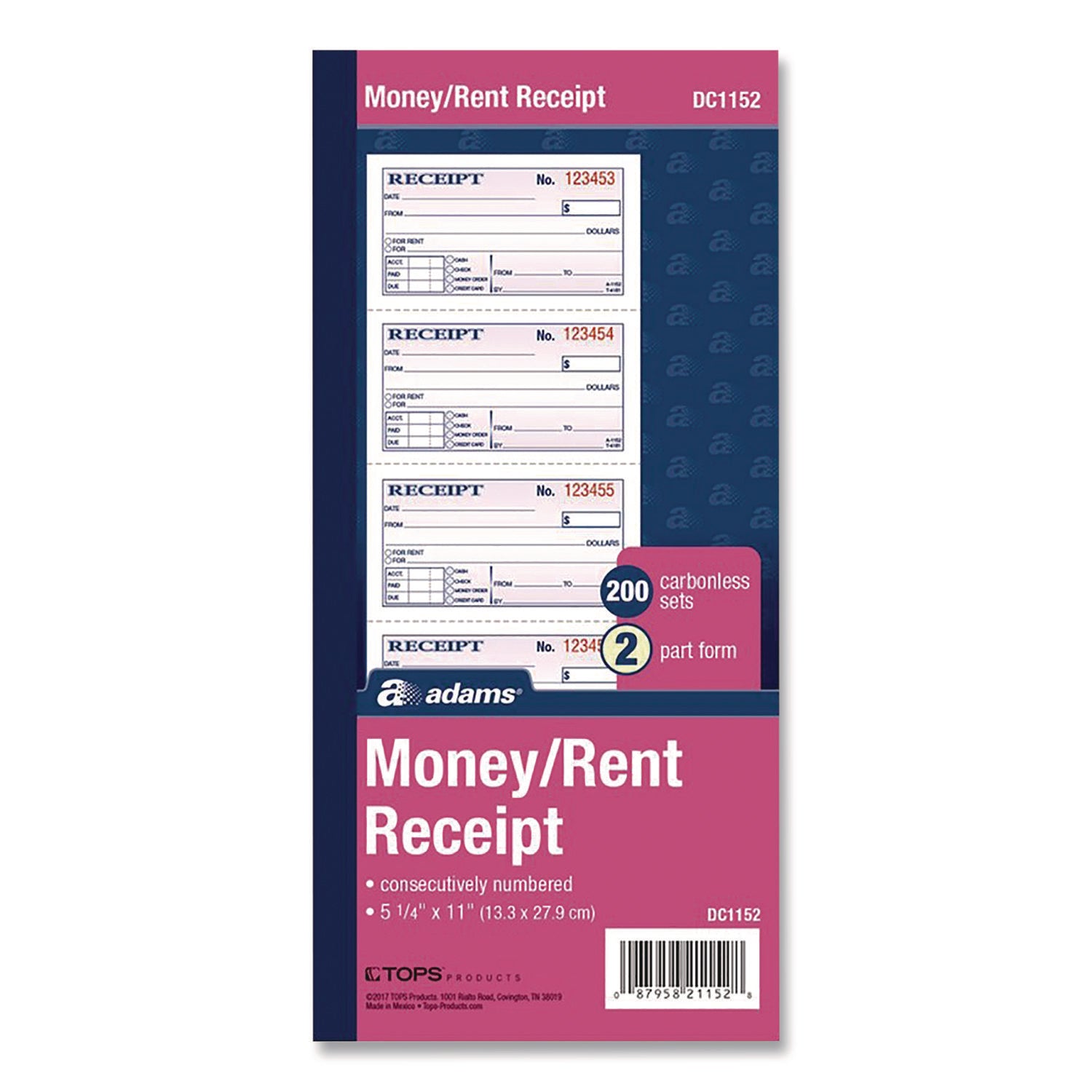 Adams® Money/Rent Receipt Book, Two-Part Carbonless, 4.75 x 2.75, 200 Forms Total