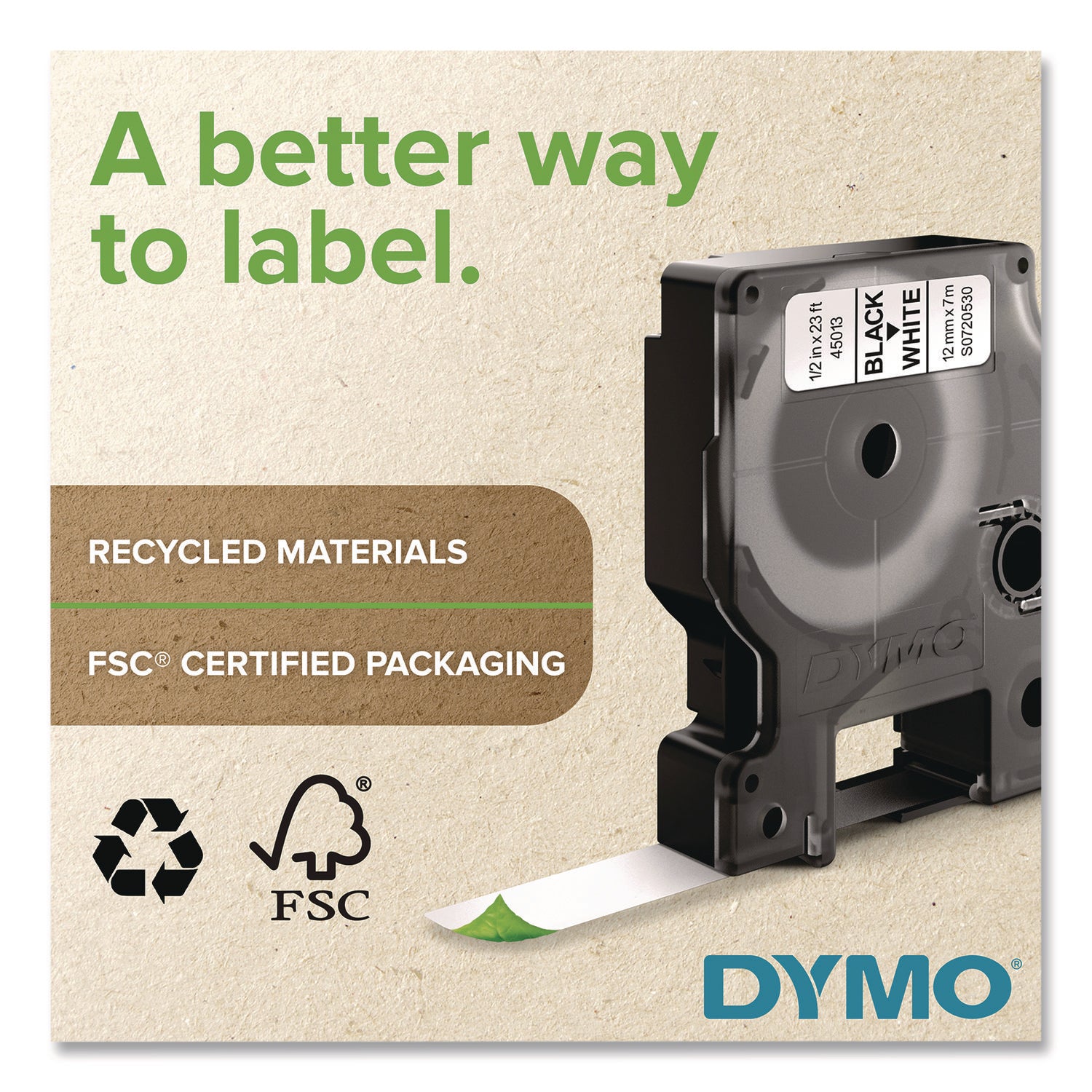 DYMO® D1 Standard Labels, 0.5" x 23 ft, Black Print on White Tape, 2/Pack
