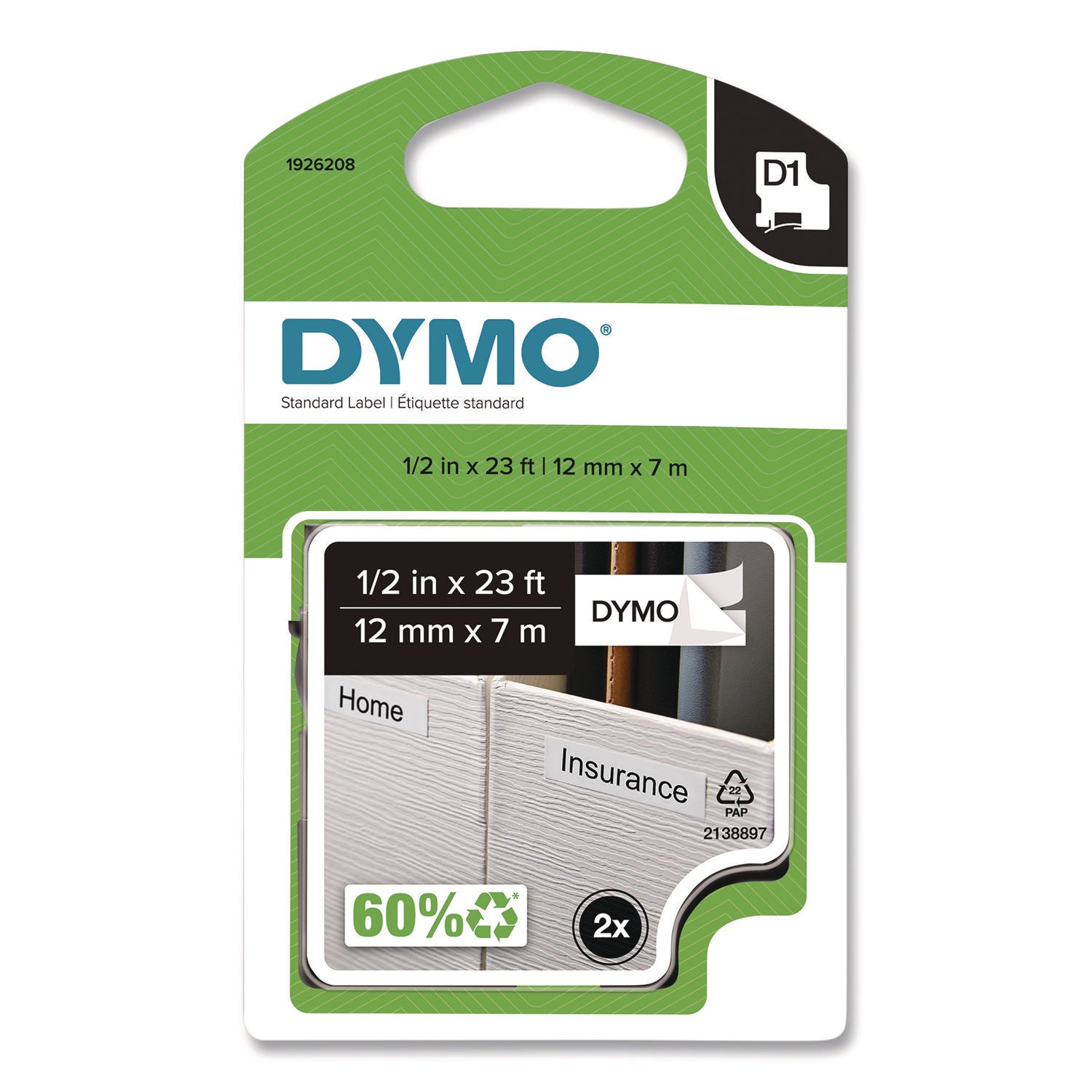 DYMO® D1 Standard Labels, 0.5" x 23 ft, Black Print on White Tape, 2/Pack