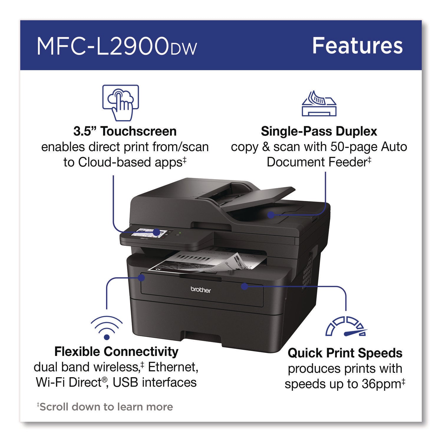 Brother Wireless MFC-L2900DW Compact Monochrome AIO Laser Printer, Copy/Fax/Print/Scan