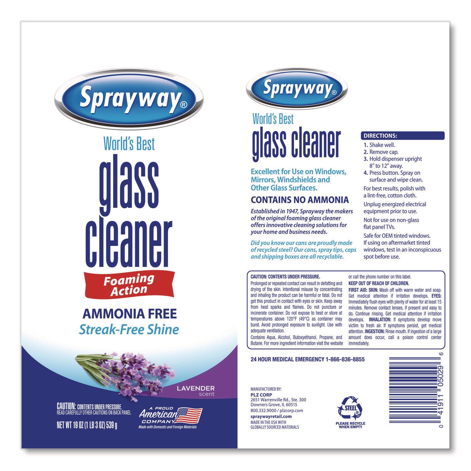 Sprayway® Glass Cleaner, Lavender, 19 oz Aerosol Spray, 6/Carton