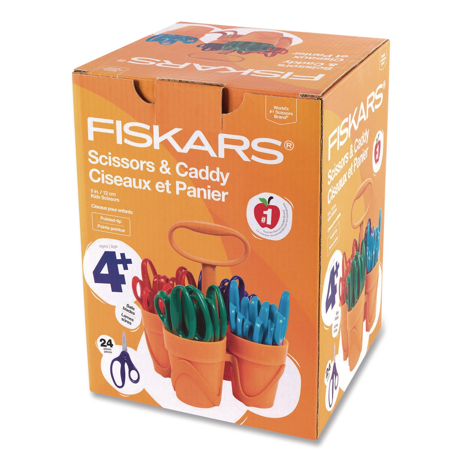 Fiskars® Classpack Scissors Caddy, Pointed Tip, 5" Long, 1.6" Cut Length, Straight Asst Color Handles: Blue/Green/Lt Blue/Red, 24/Set