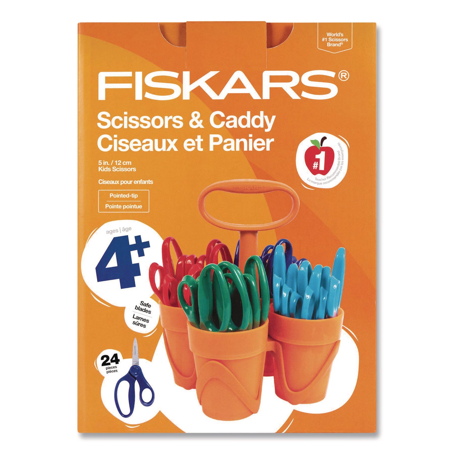 Fiskars® Classpack Scissors Caddy, Pointed Tip, 5" Long, 1.6" Cut Length, Straight Asst Color Handles: Blue/Green/Lt Blue/Red, 24/Set