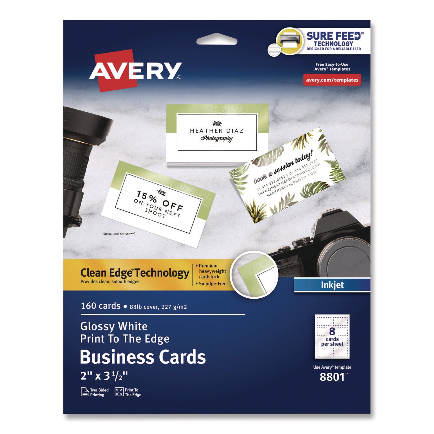 Avery® Print to the Edge Business Cards with Sure Feed Technology, 2 x 3.5, White, 160 Cards, 8/Sheet, 20 Sheets/Pack