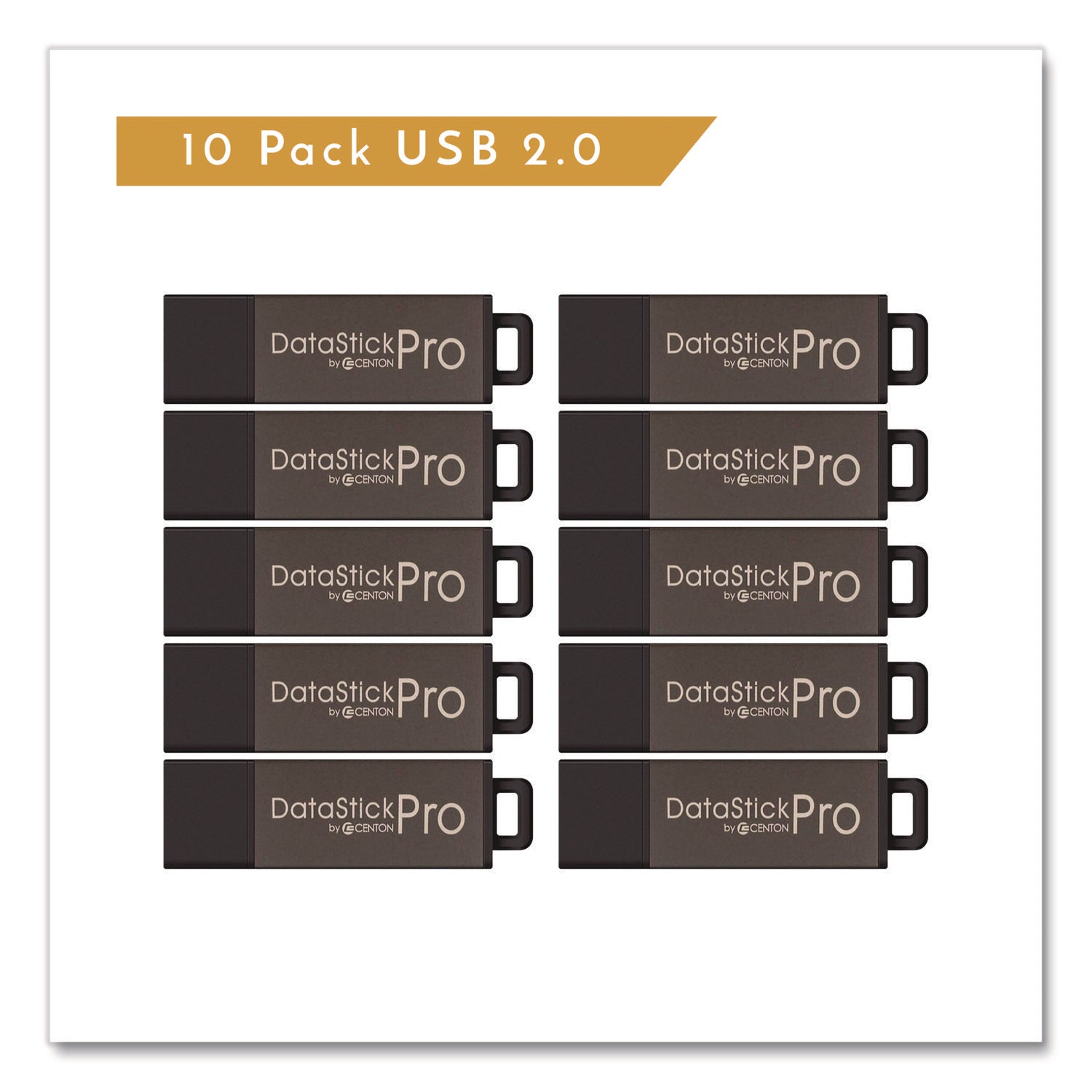 Centon DataStick Pro USB 2.0 Type A Flash Drive, 16 GB, Gray, 10/Pack