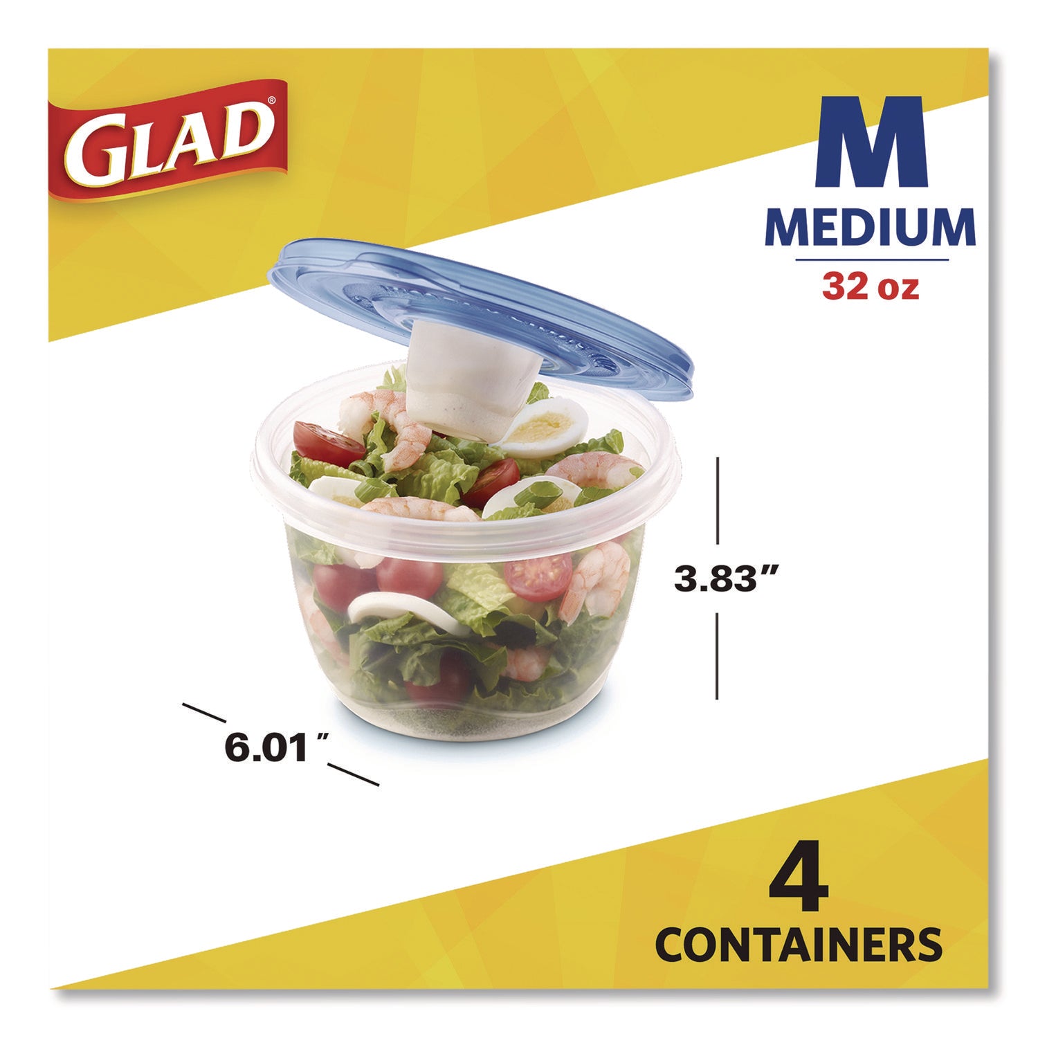 Glad® To Go Lunch Containers, 2 Compartments, 32 oz, Plastic, 4/Pack