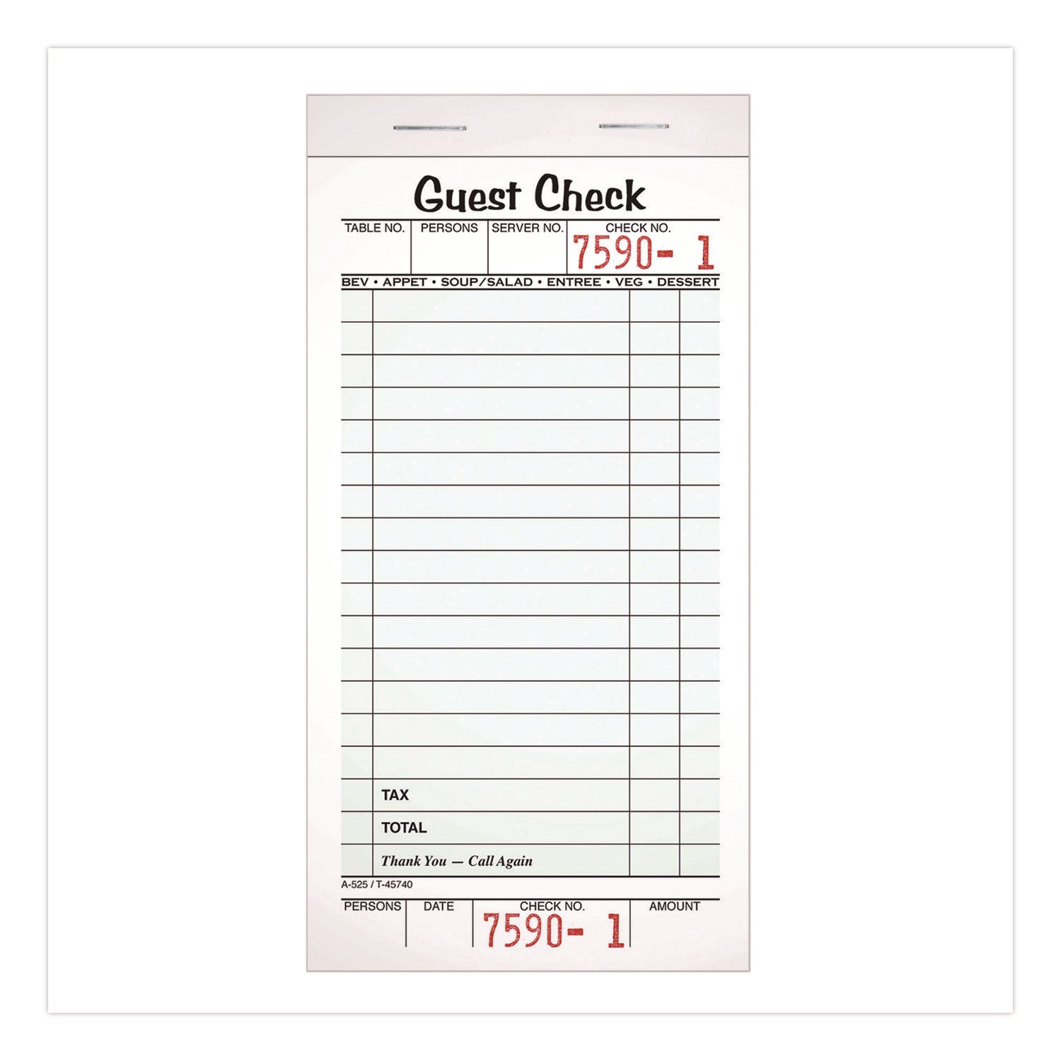 Adams® One-Part Guest Check Pad with Perforated Stub, One-Part (No Copies), 3.4 x 6.25, 50 Forms/Pad, 10 Pads/Pack