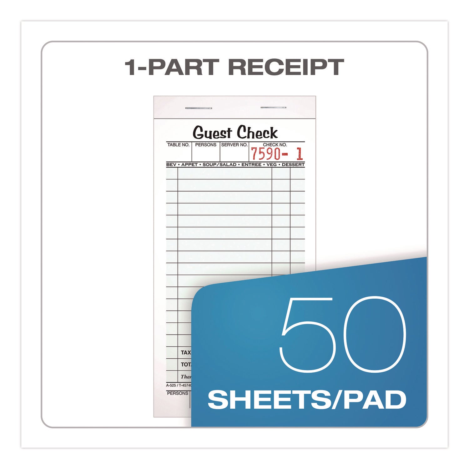 Adams® One-Part Guest Check Pad with Perforated Stub, One-Part (No Copies), 3.4 x 6.25, 50 Forms/Pad, 10 Pads/Pack