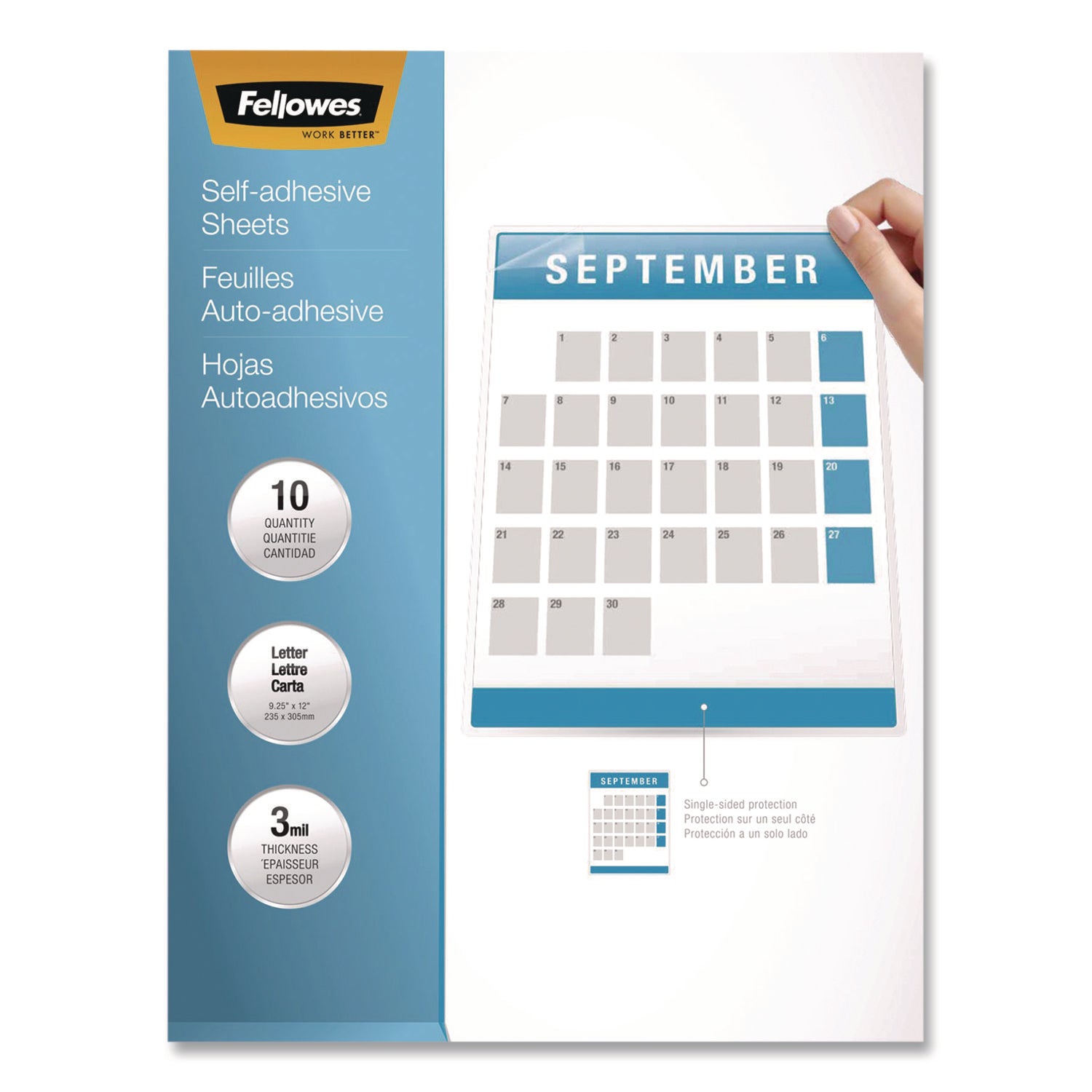 Fellowes® Self-Adhesive Laminating Sheets, 3 mil, 9.25 x 12, Glossy Clear, 10/Pack