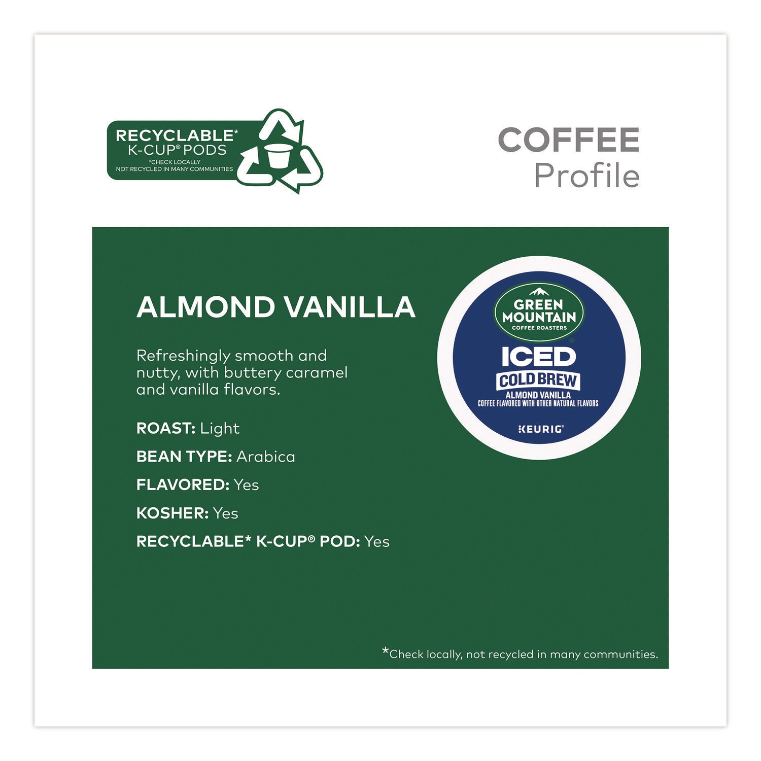 Green Mountain Coffee® Almond Vanilla Brew Over Ice Coffee K-Cups, 0.21 oz, 20/Box