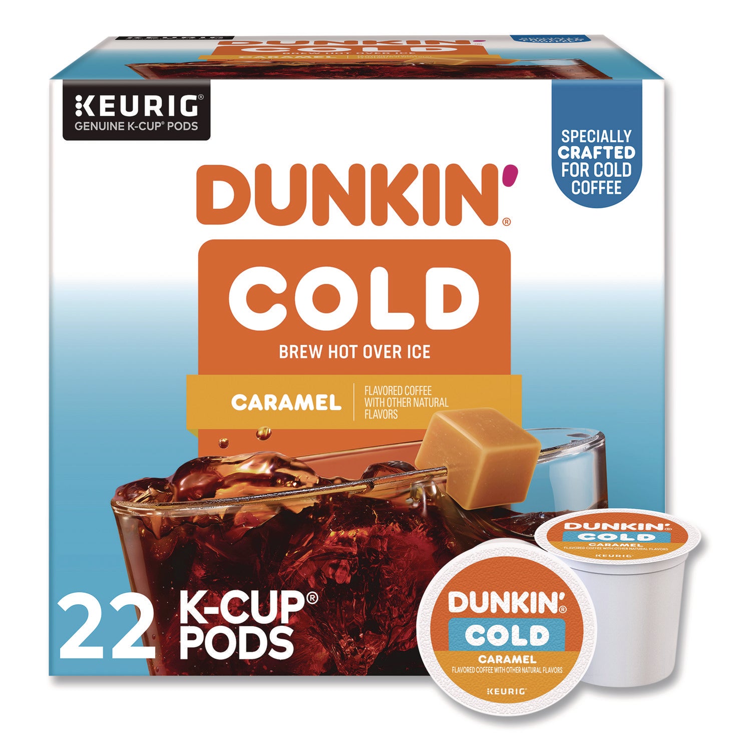 Dunkin'® Cold Iced Coffee K-Cups, Caramel, 0.44 oz, 22/Box