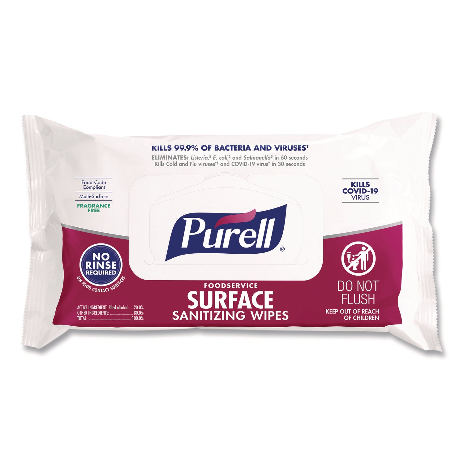 PURELL® Foodservice Surface Sanitizing Wipes, 1-Ply, 7.4 x 9, Fragrance Free, White, 72 Wipes/Resealable Pack