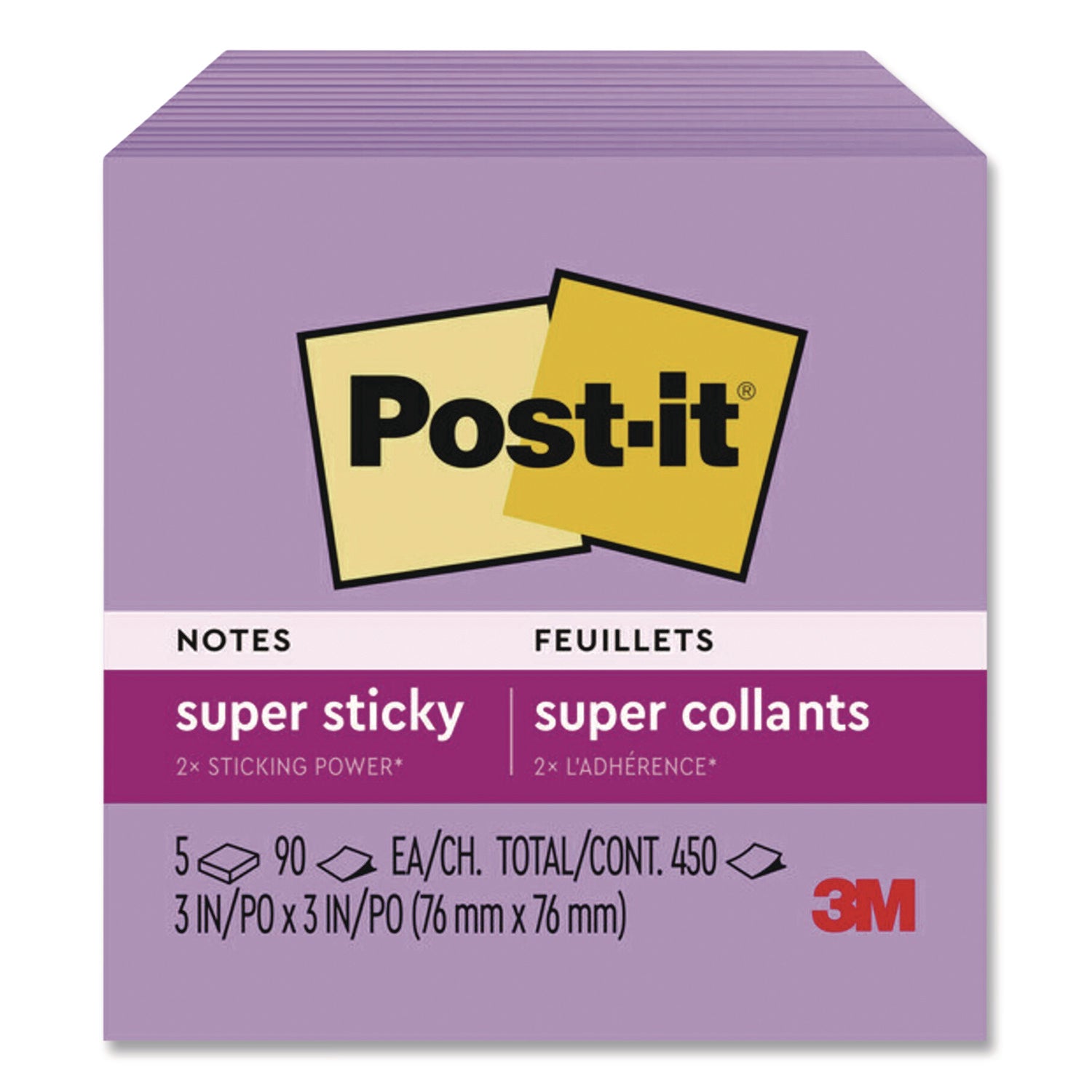 Post-it® Notes Super Sticky Super Sticky Notes, 3 x 3, Mulberry, 90 Sheets/Pad, 5 Pads/Pack