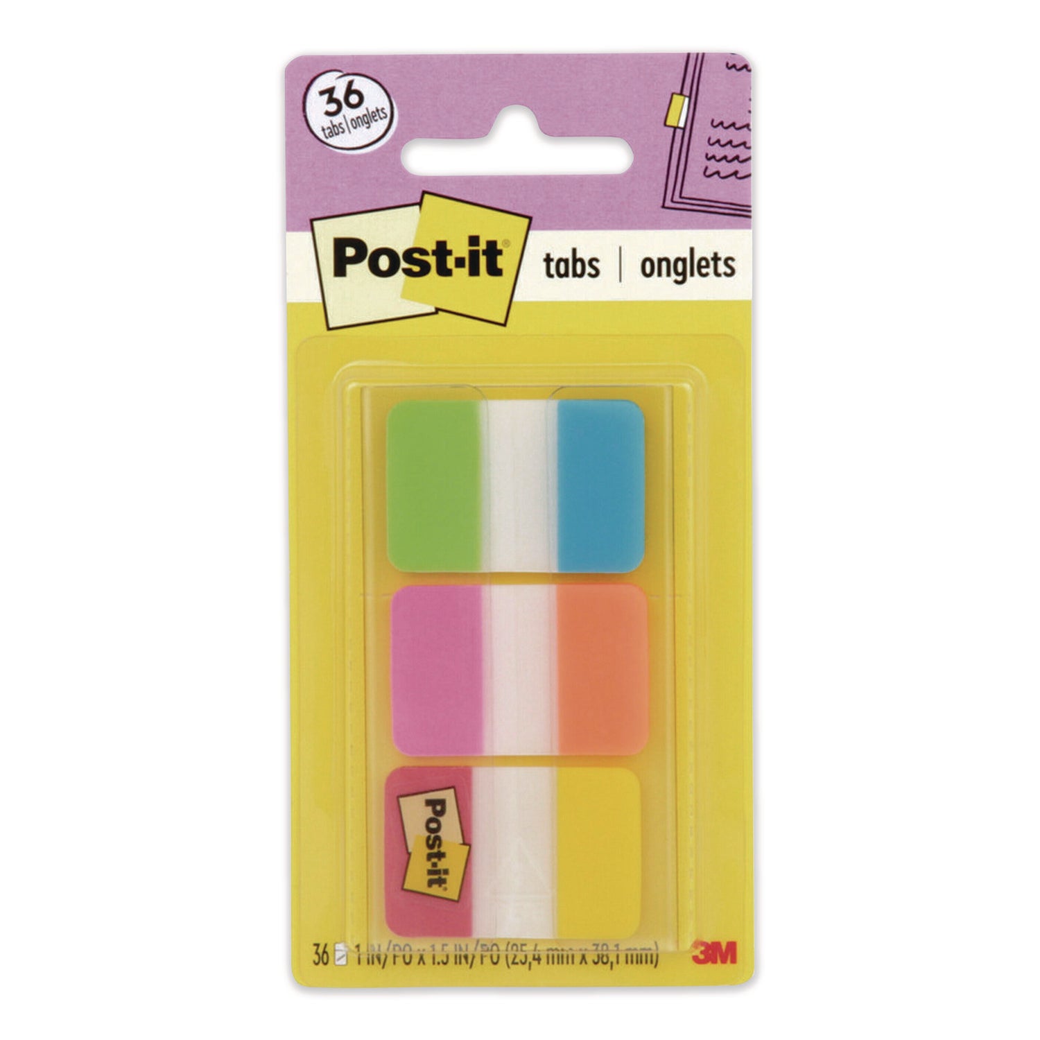 Post-it® Tabs 1" Plain Solid Color Tabs, 1/5-Cut, Assorted Colors, 1" Wide, 36/Pack