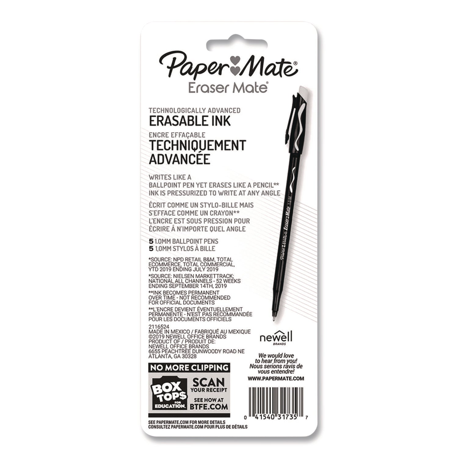 Paper Mate® Eraser Mate Ballpoint Pen, Stick, Medium 1 mm, Red Ink, Red Barrel, 5/Pack