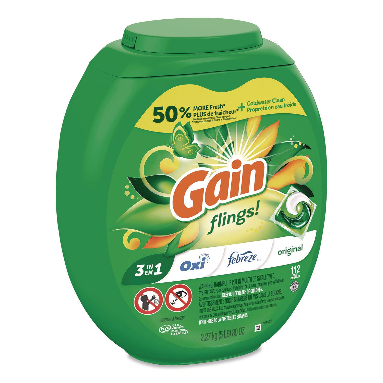 Gain® Flings Detergent Pods, Original, 112 Pods, 80 oz Tub