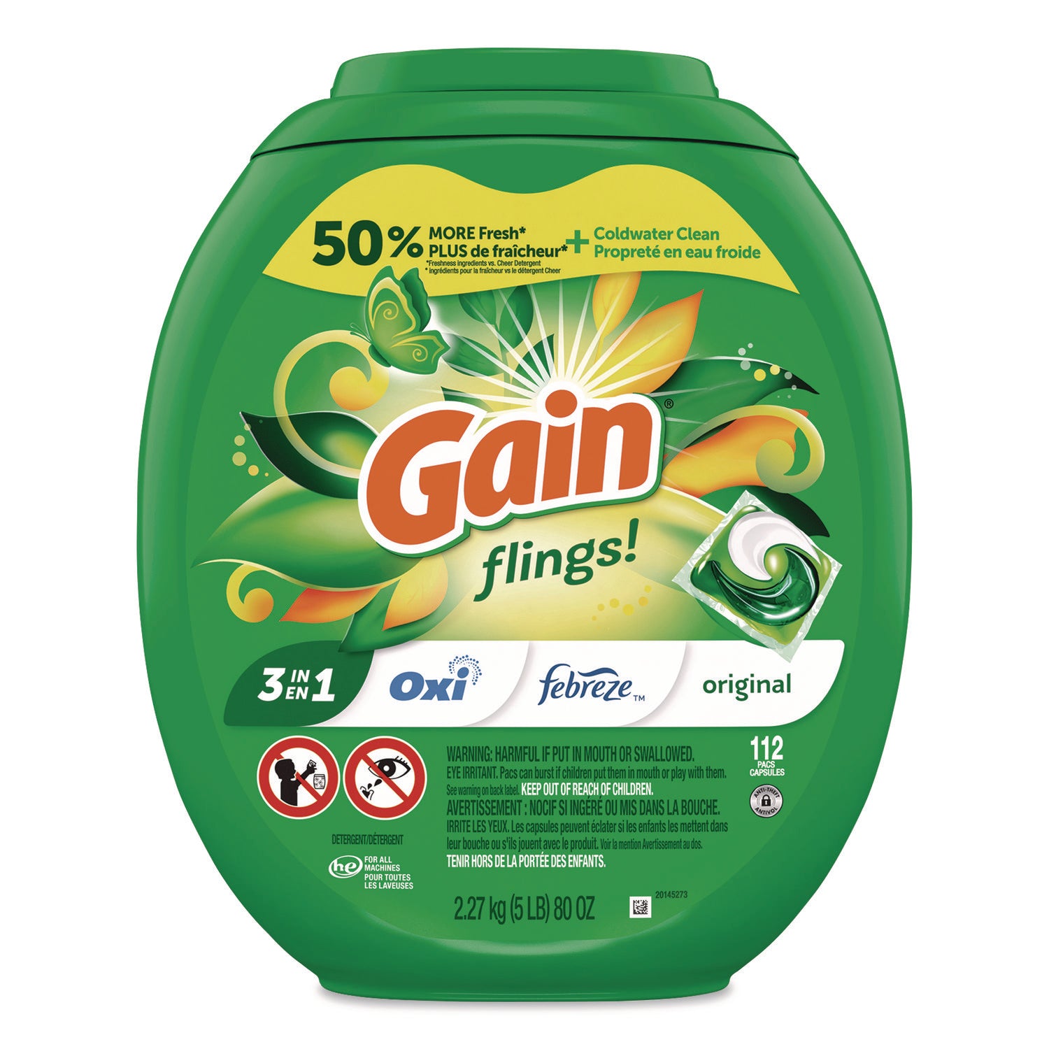 Gain® Flings Detergent Pods, Original, 112 Pods, 80 oz Tub